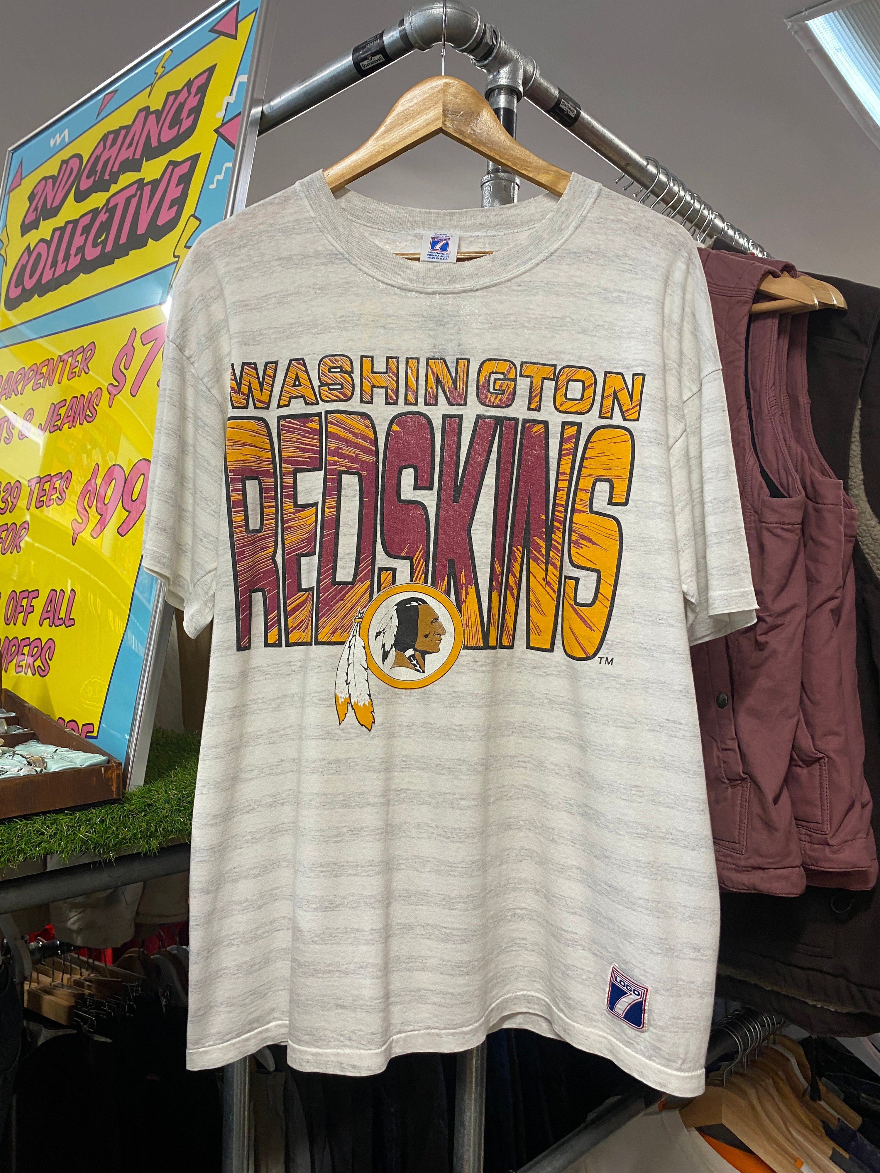 L - 90s Washington Redskins Explosion Spellout Striped Logo 7 Tee
