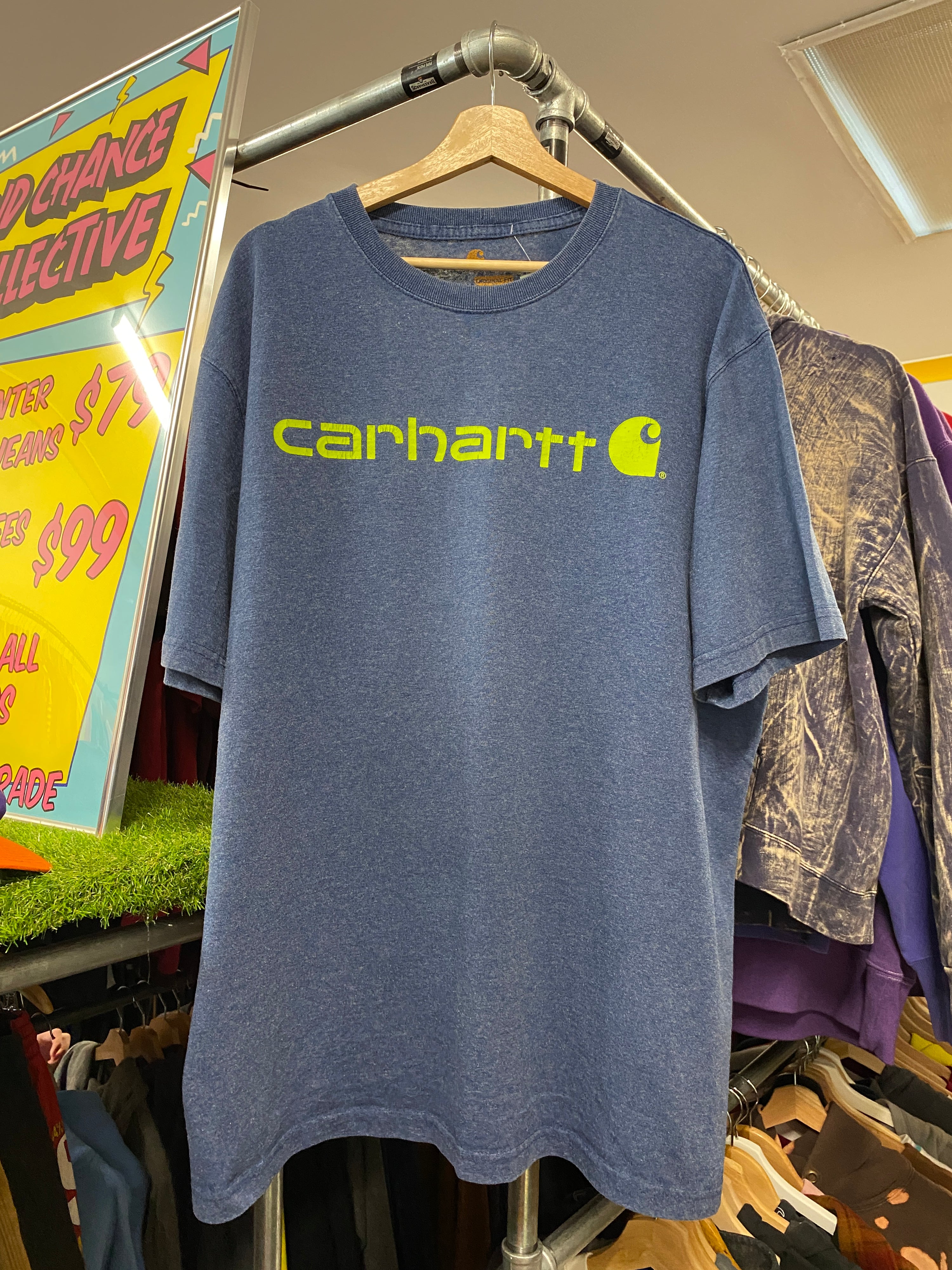 XL - Carhartt Snow Blue Tee Lime Green Spellout