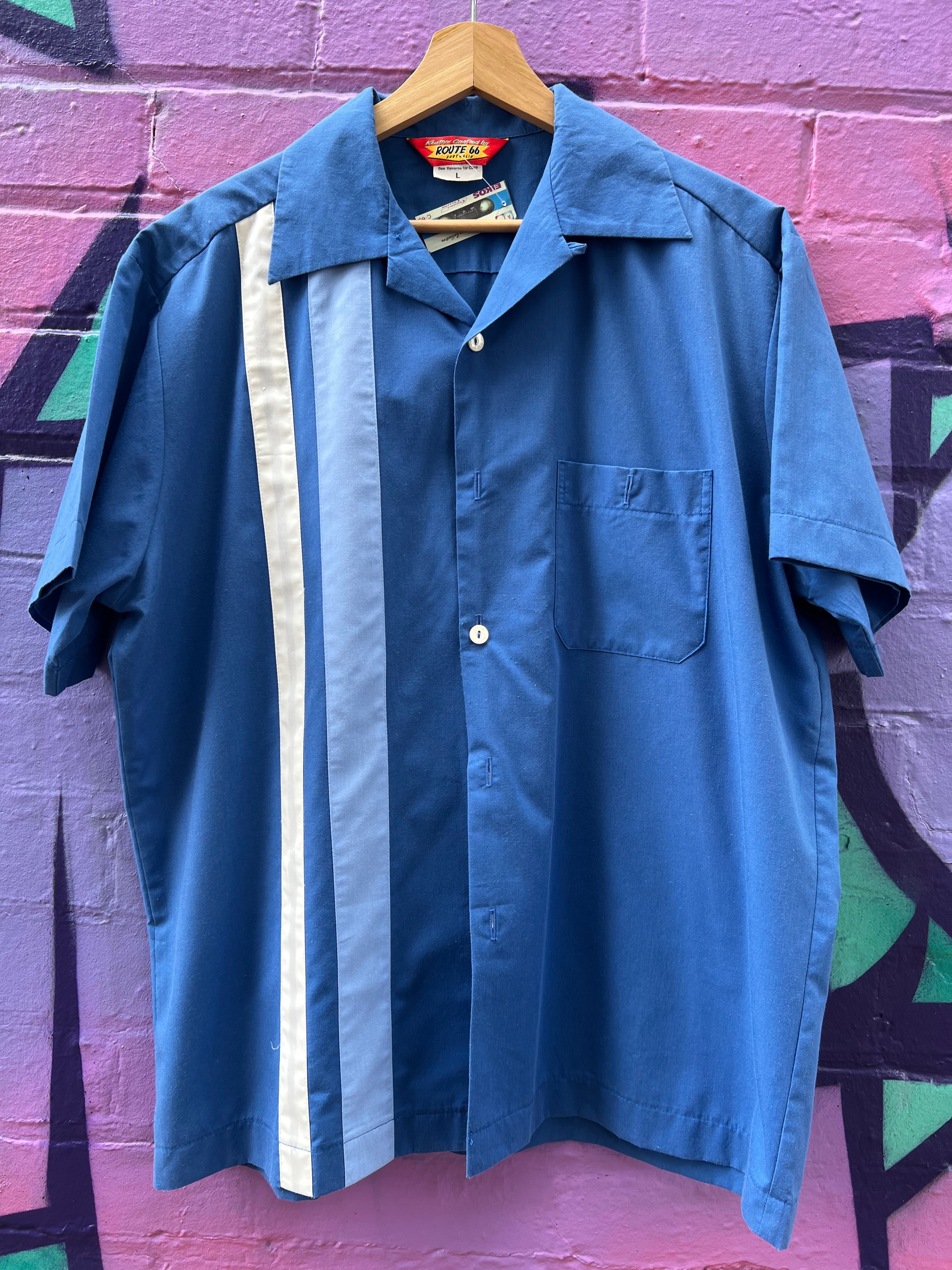 L - Route 66 Blue Bowling Button Up SS
