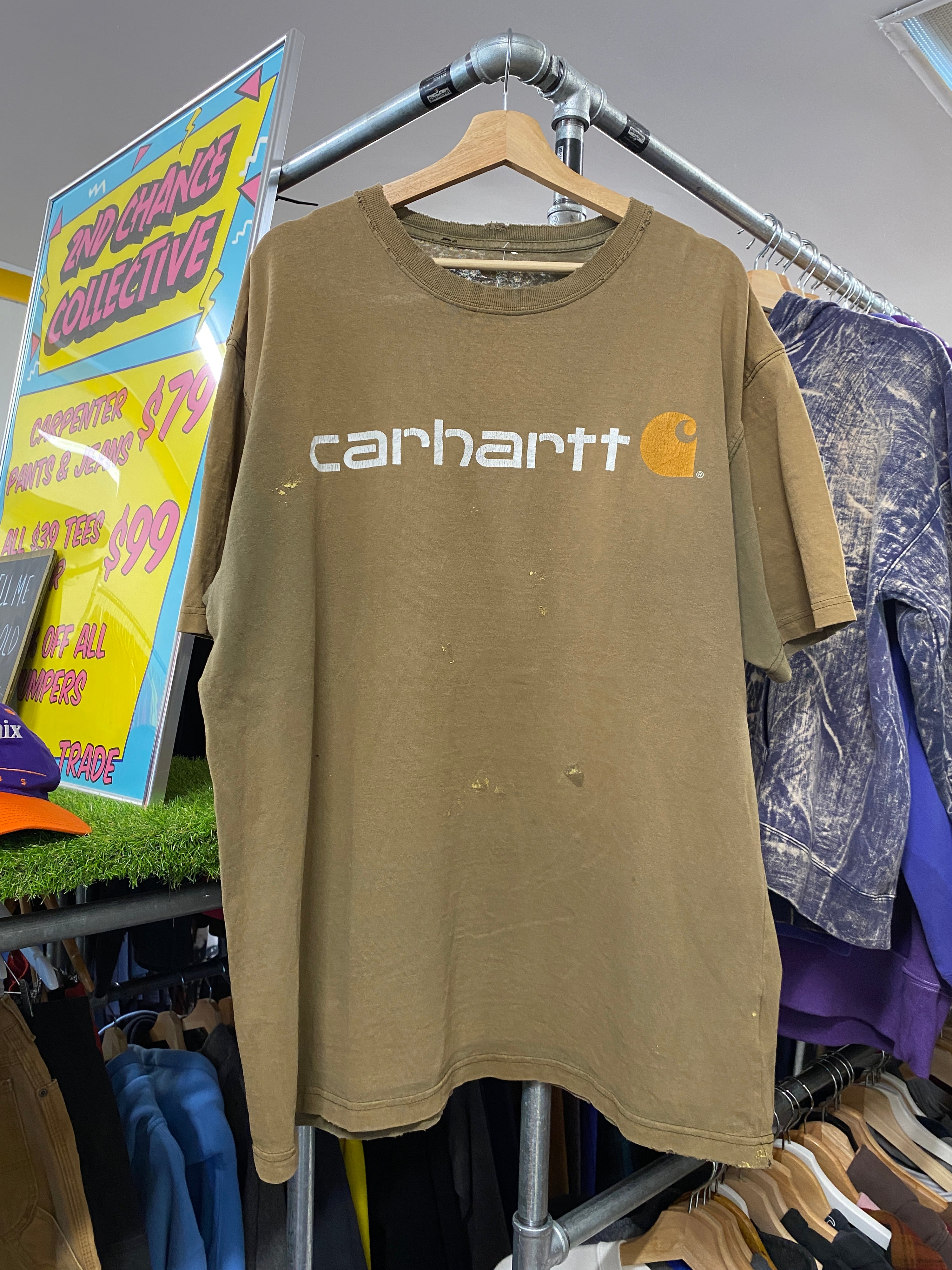 L - Carhartt Thrashed Olive Green Spellout Tee