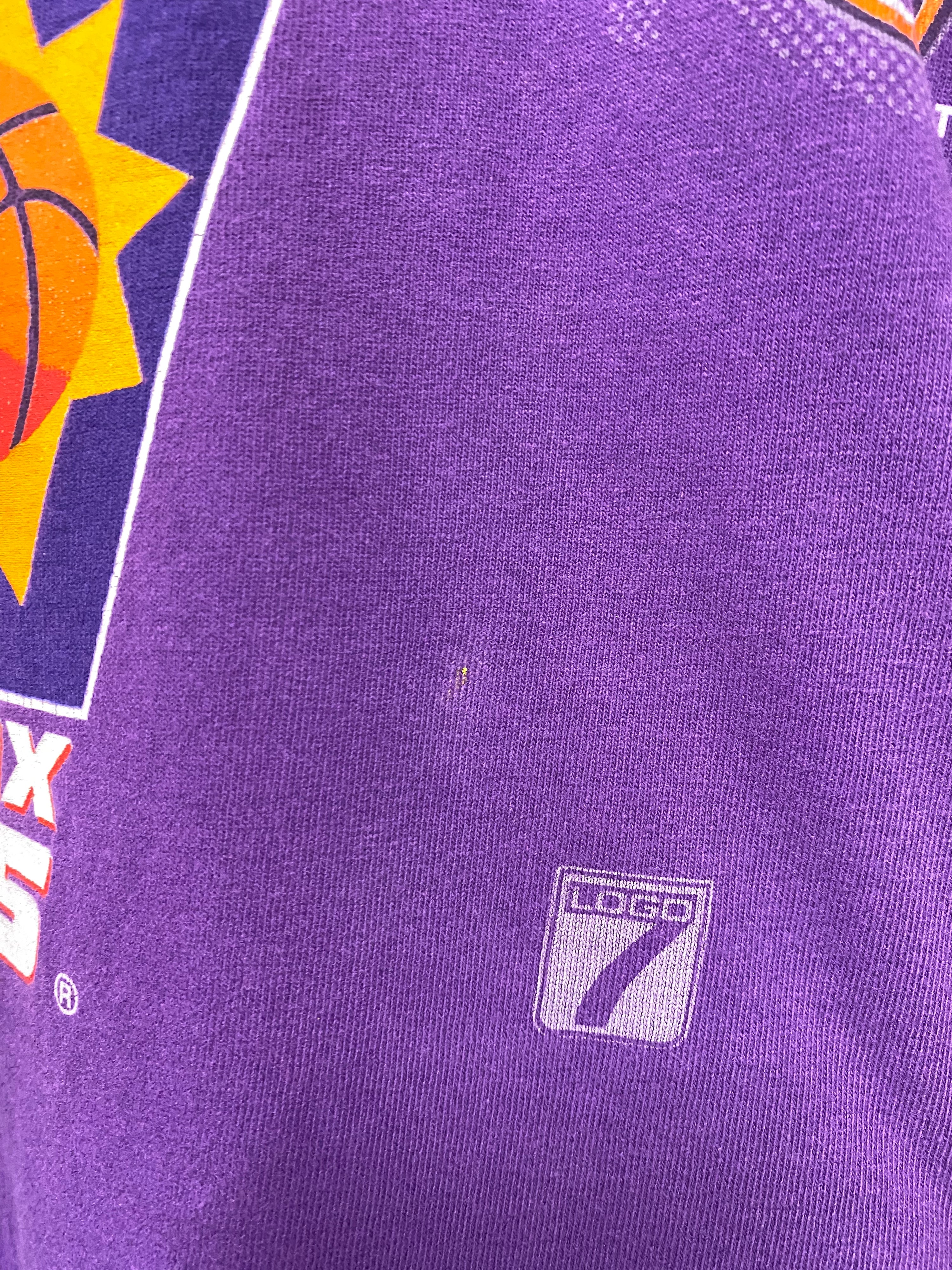 L - Early 1990s Phoenix Suns LOGO 7 Spellout Purple Tee