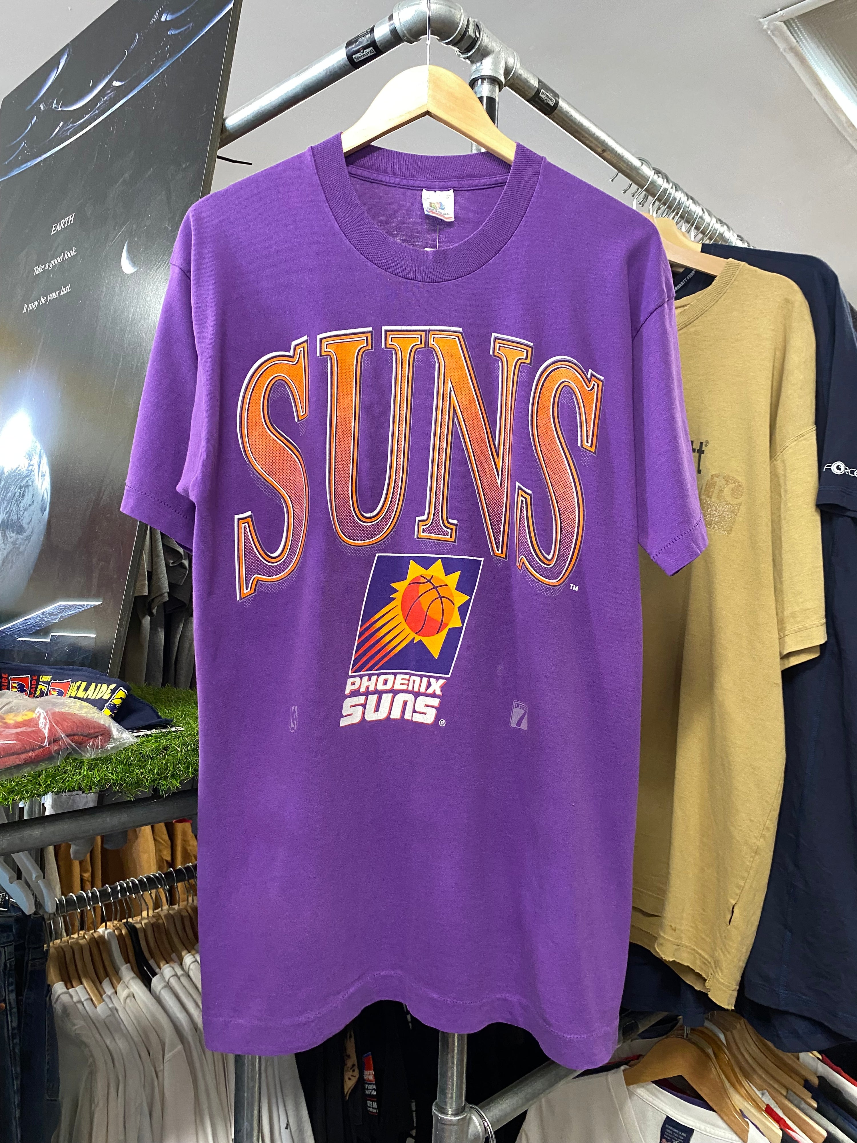 L - Early 1990s Phoenix Suns LOGO 7 Spellout Purple Tee