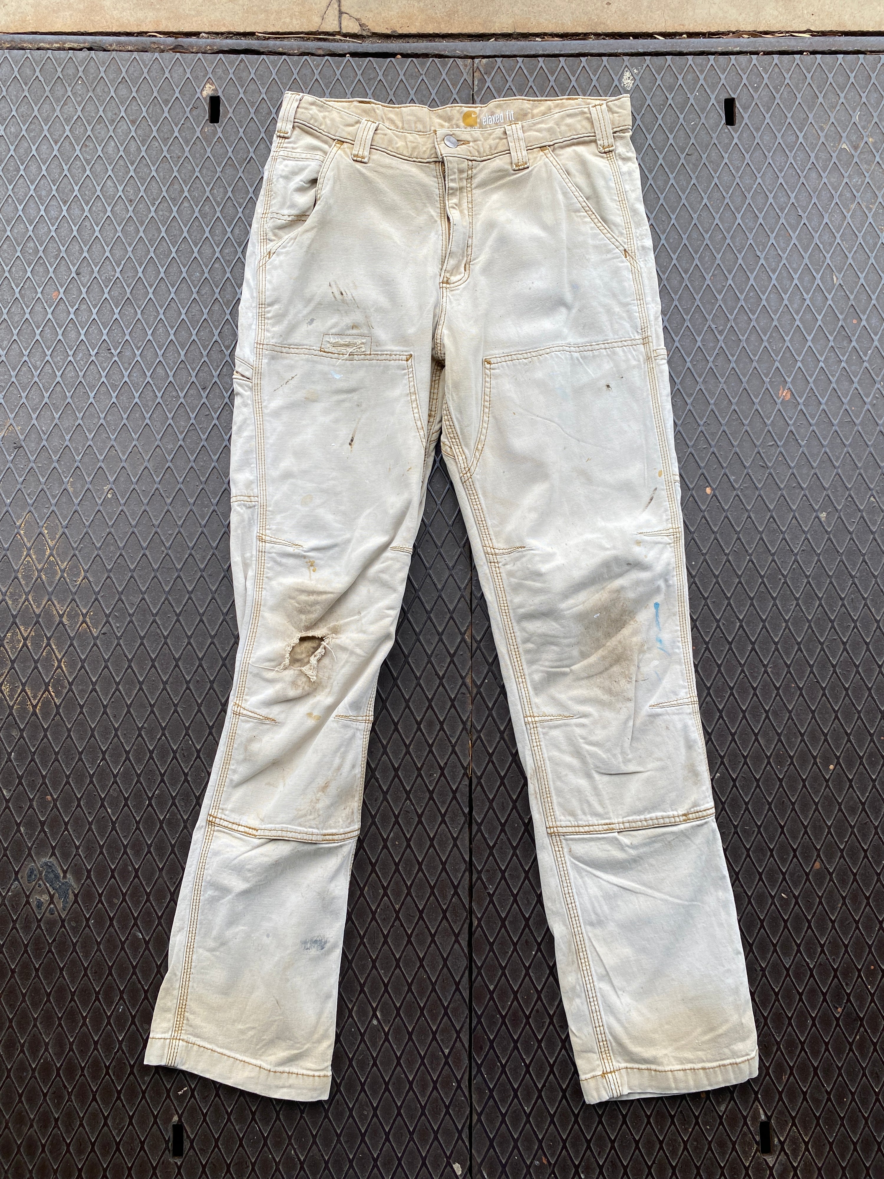 32 - Carhartt Double Knees Faded Beige Distressed