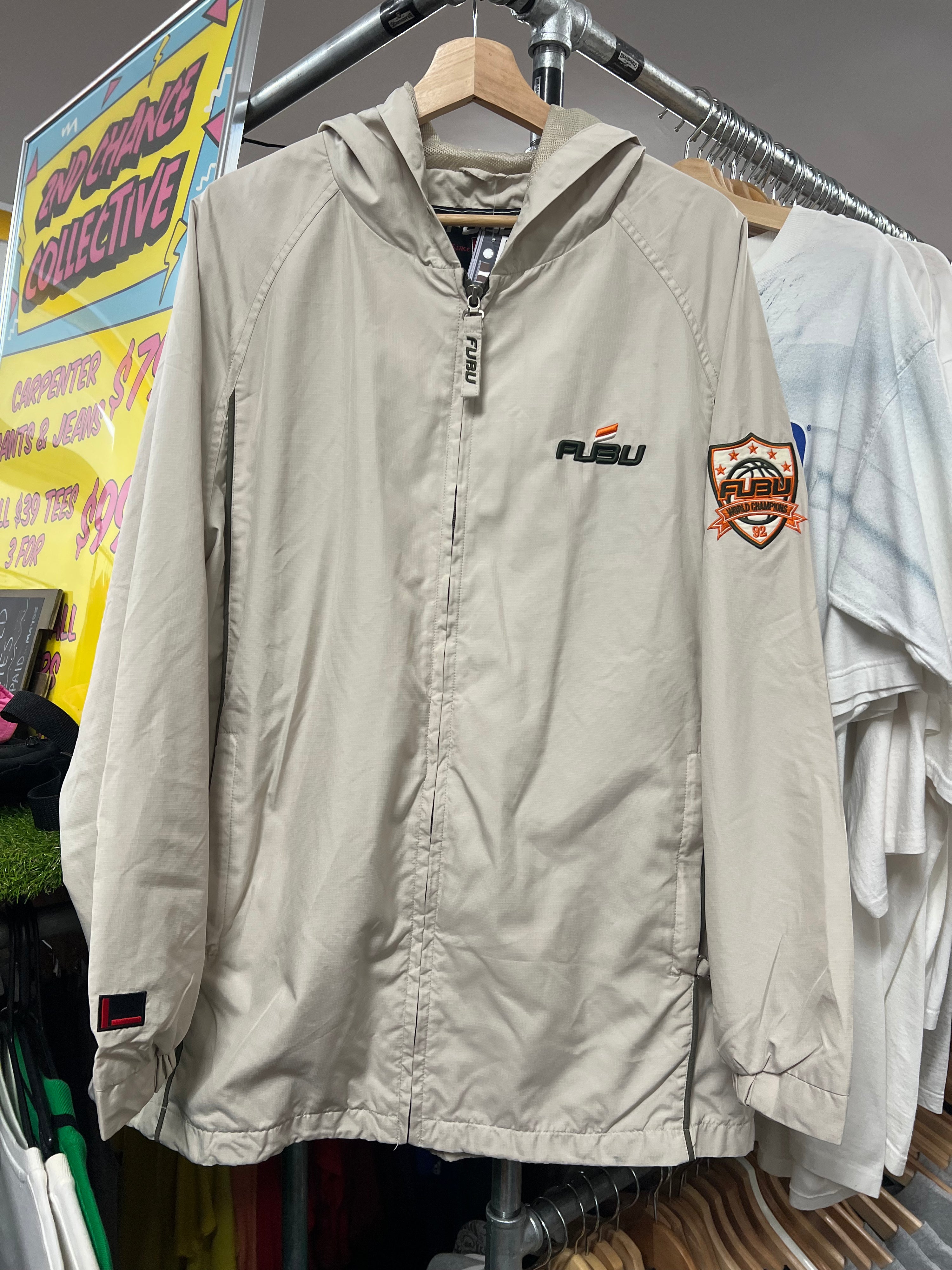 XL - 2000s FUBU Hooded Cream Zip Up Orange Spellout