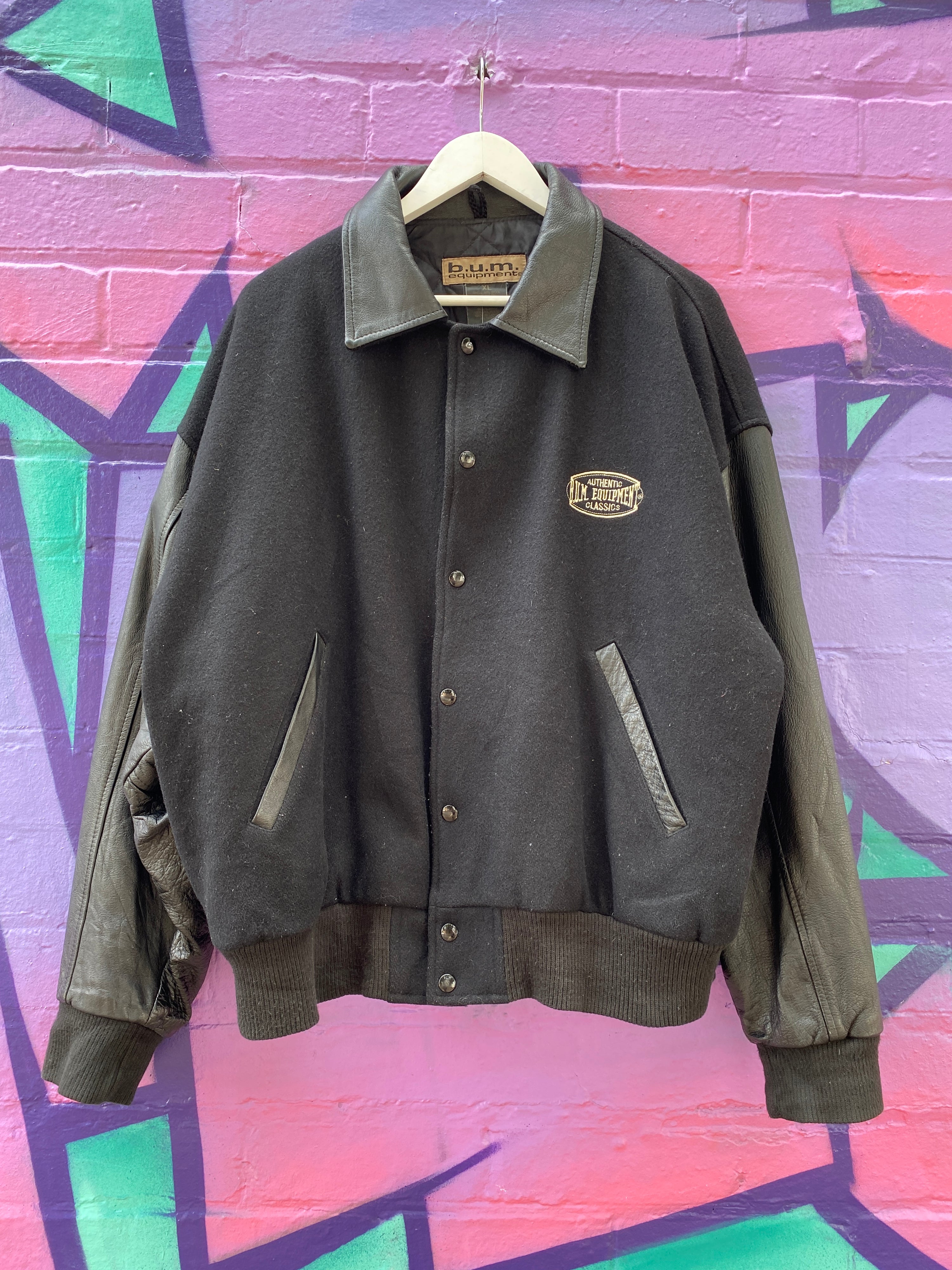 XL - Vintage 'b.u.m. equipment' Varsity Jacket Black