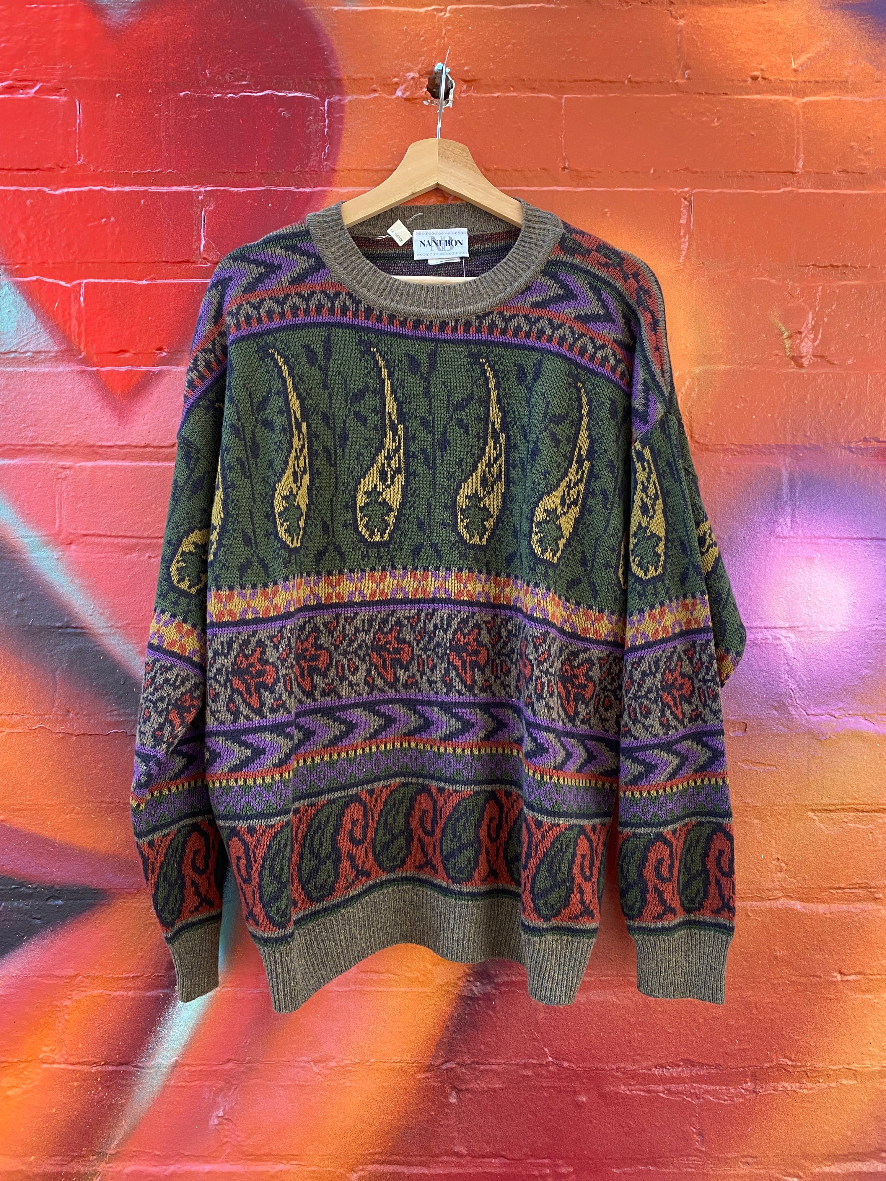[M] Nani Bon Green Teardrop Design Knit Sweater