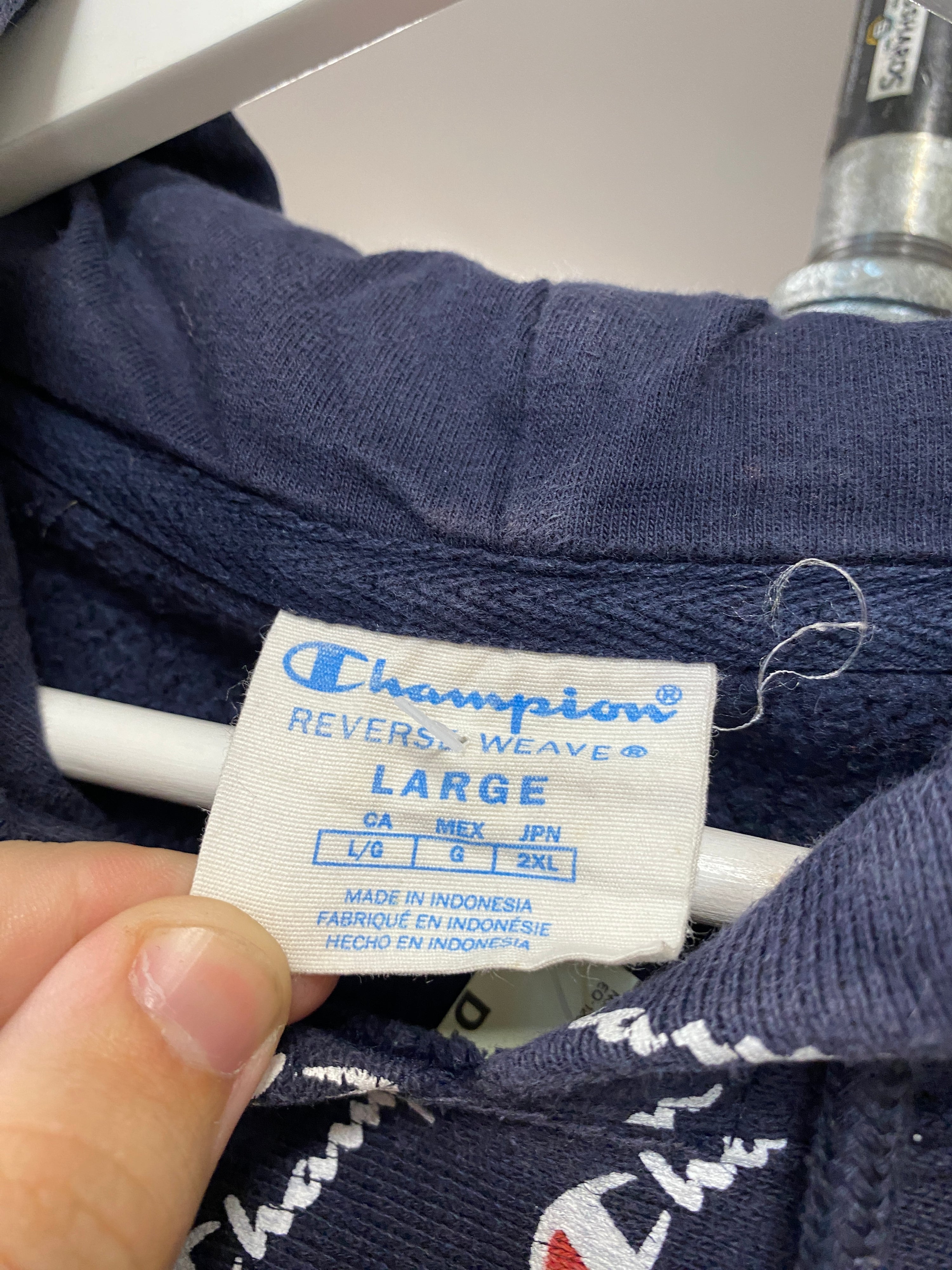 L - Champion RW Dark Blue Spellout AOP Hoodie