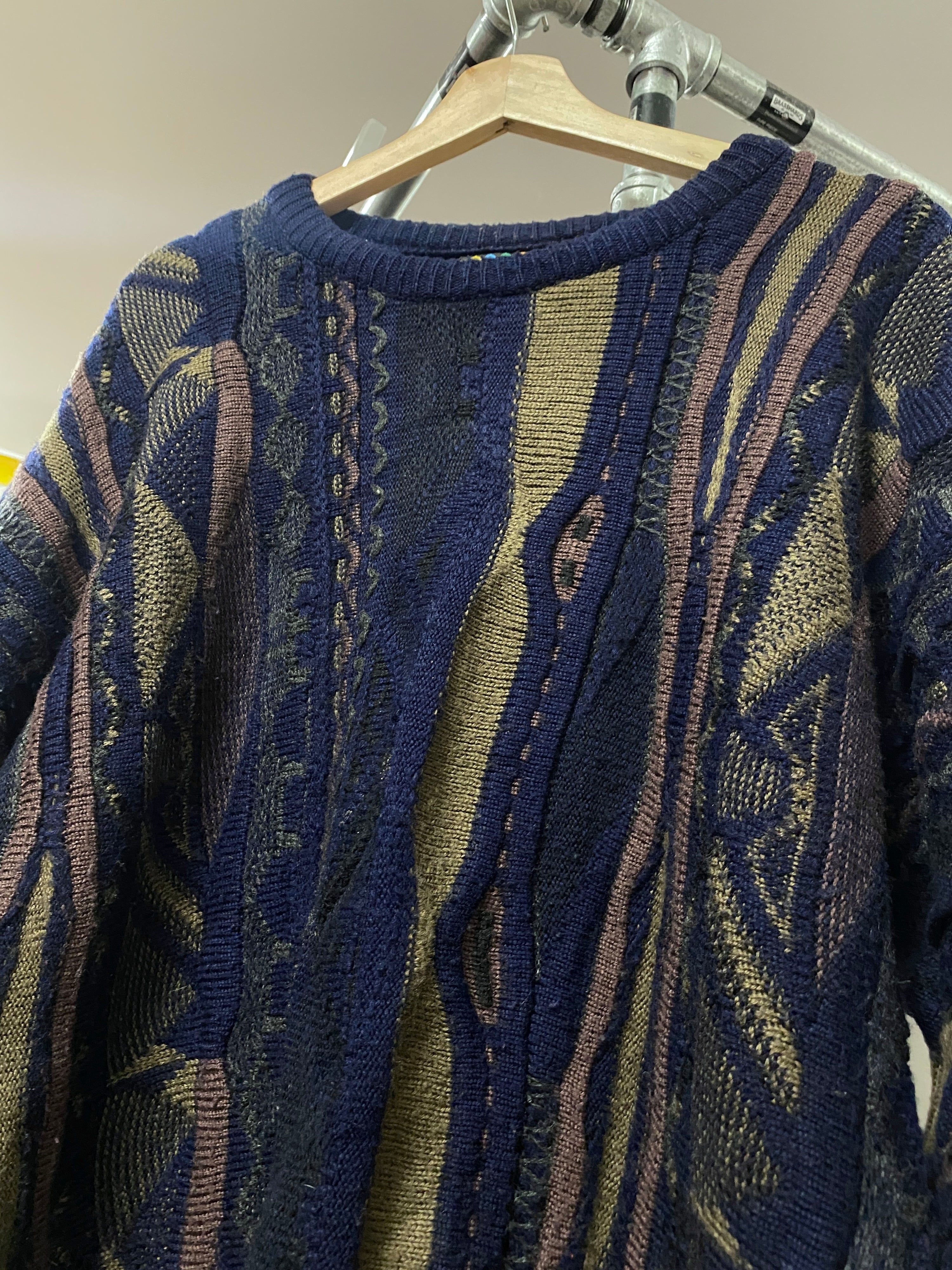 M - Vintage Coogi Navy/Straw/Mauve Vertical Wool Jumper