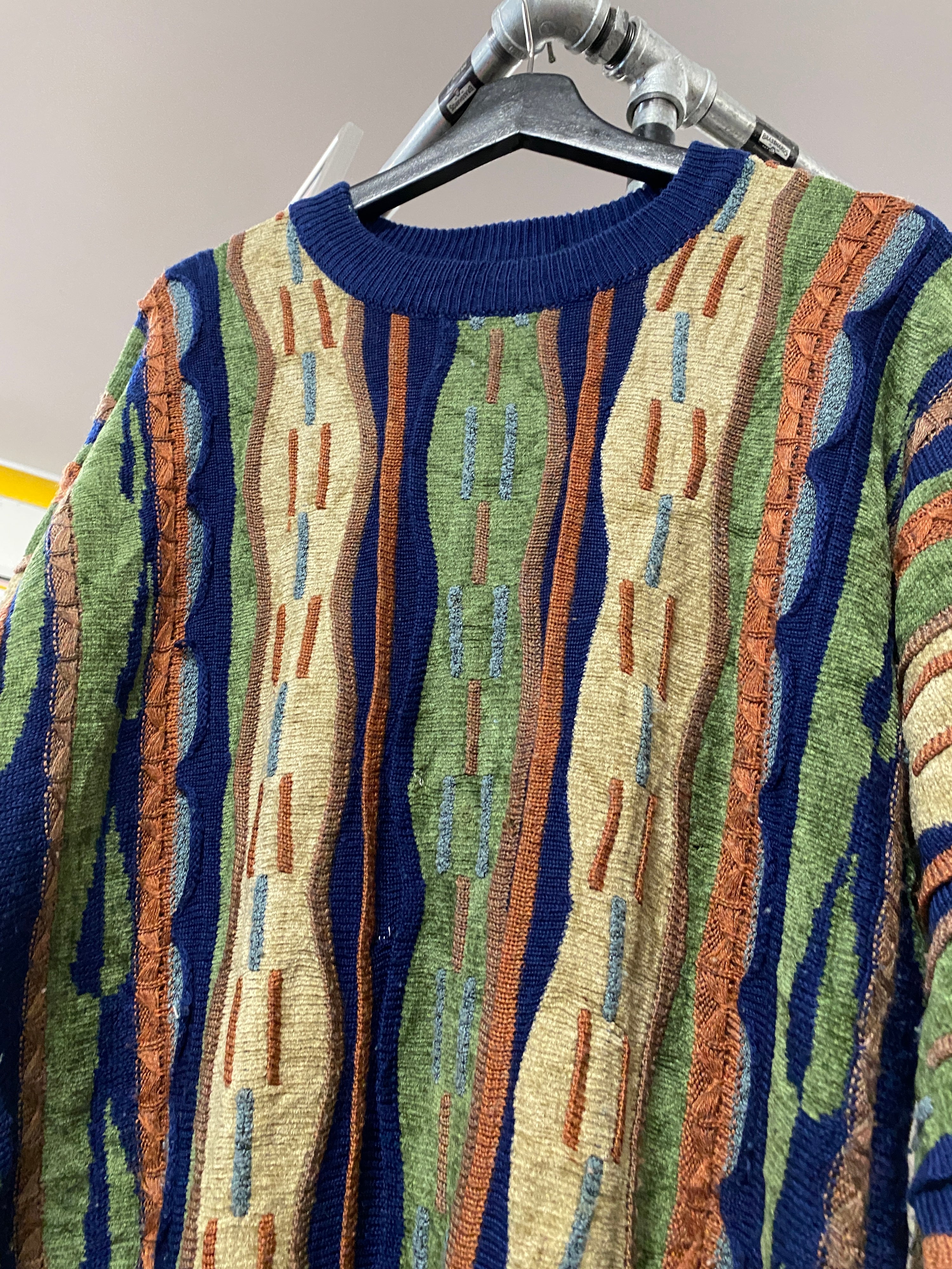 L - Vintage Coogi Brown/Green Dark Blue Vertical Mercerised Cotton Heavy Jumper