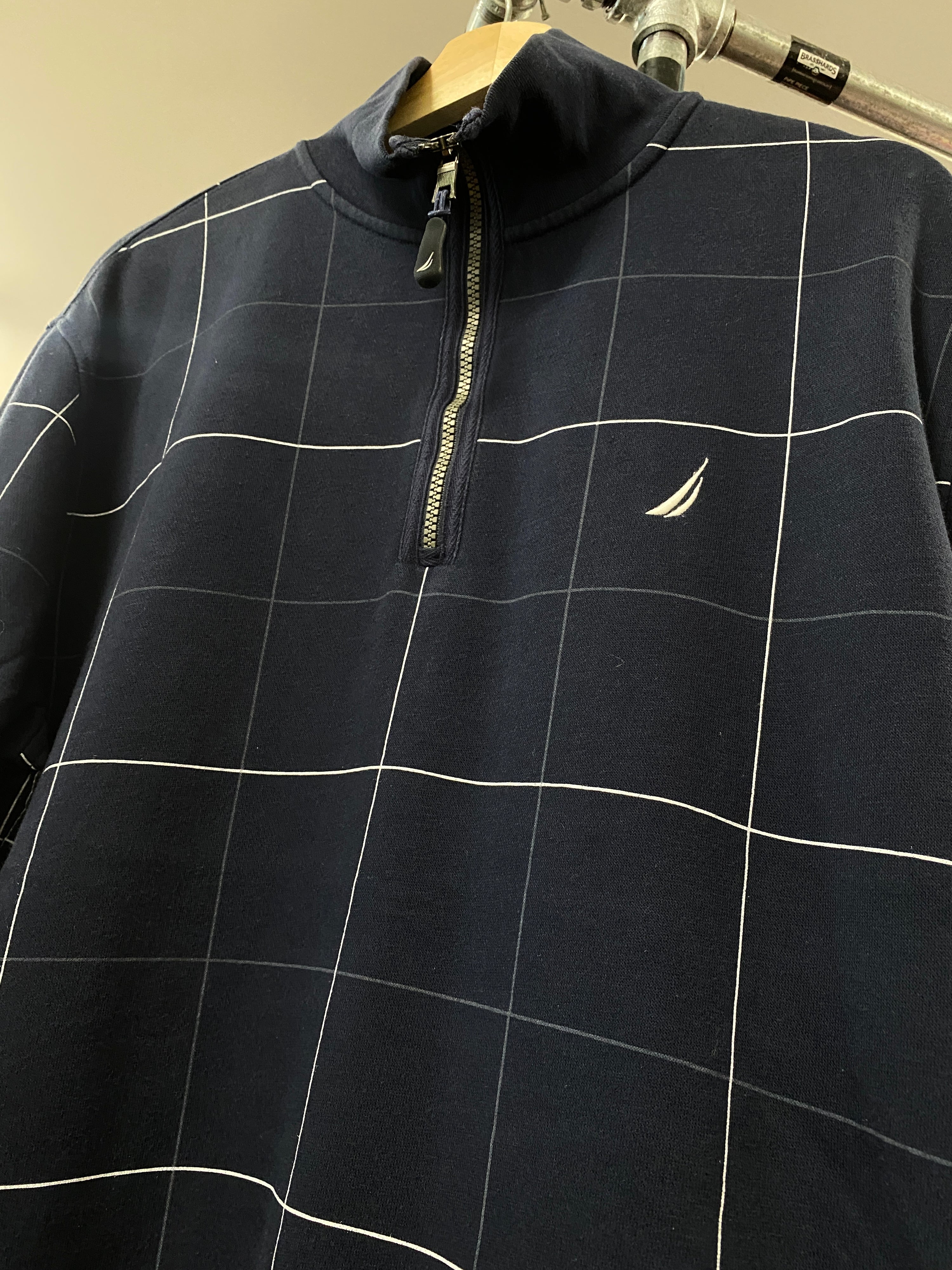 L - Nautica Dark Blue Check White Stripes 1/4 Zip