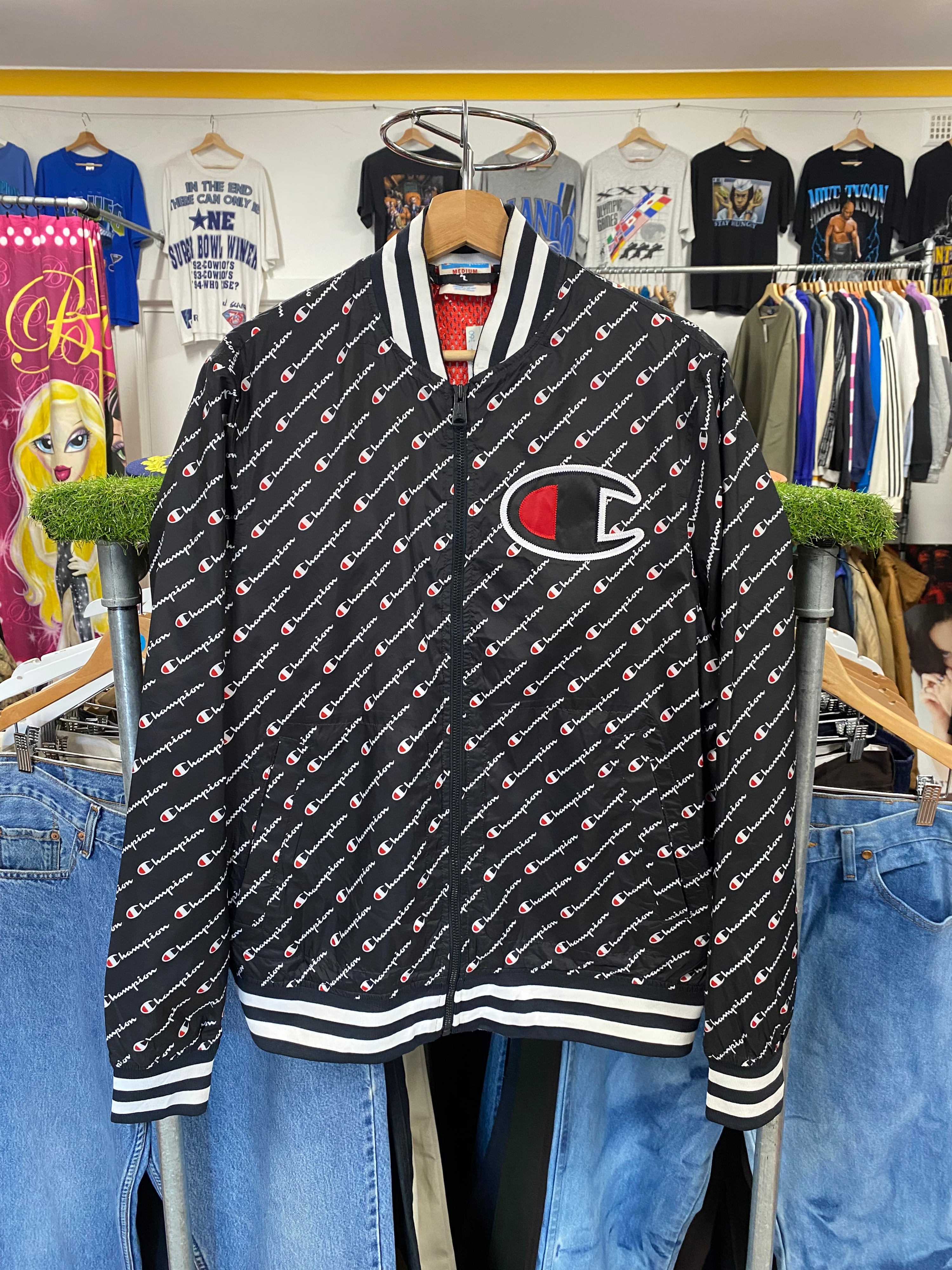 [M] Champion Little Spellout AOP Black Zip Up Jacket