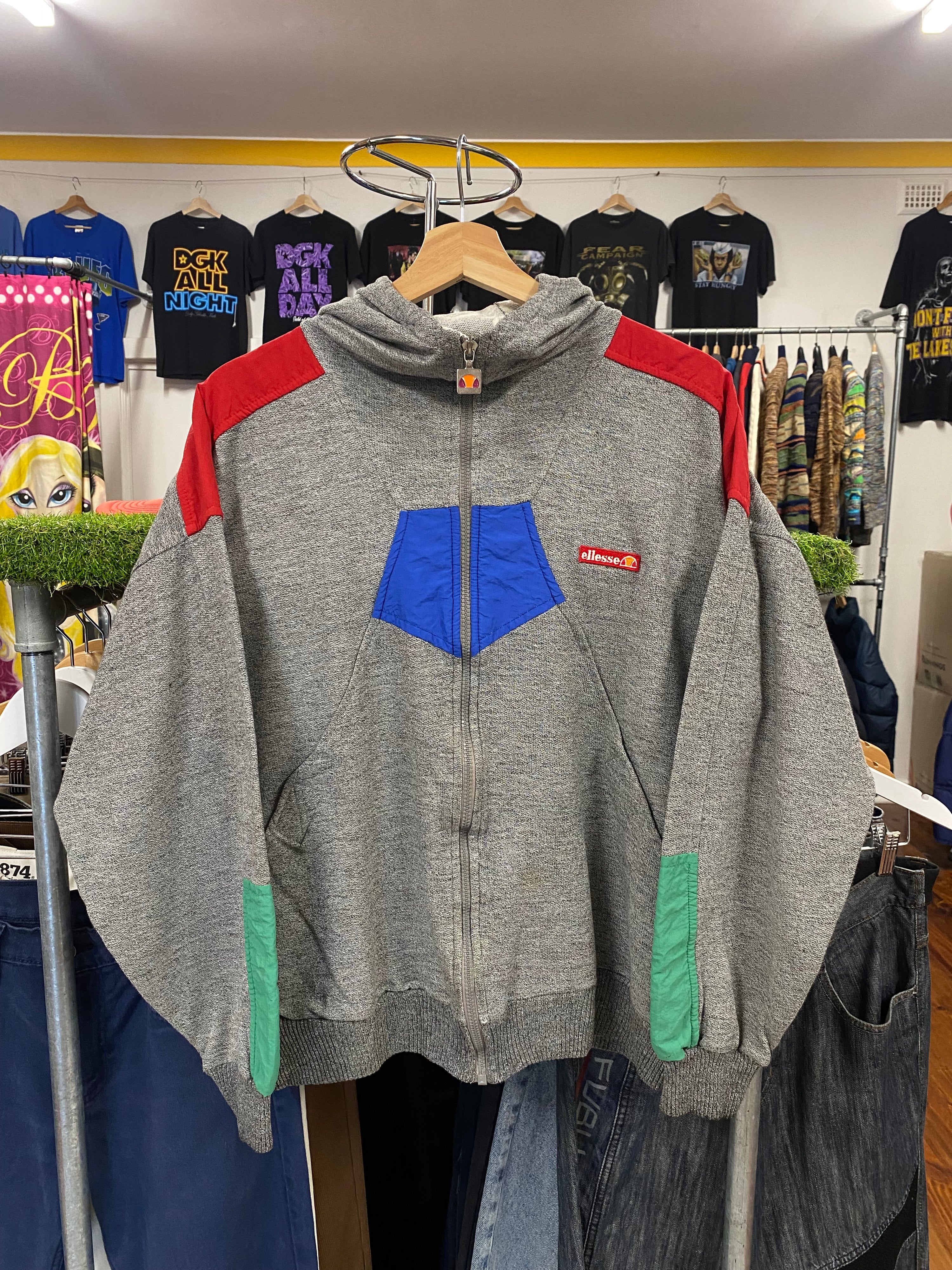 [S] Ellesse Heather Grey Zip Hoodie Red/Blue/Green Accent