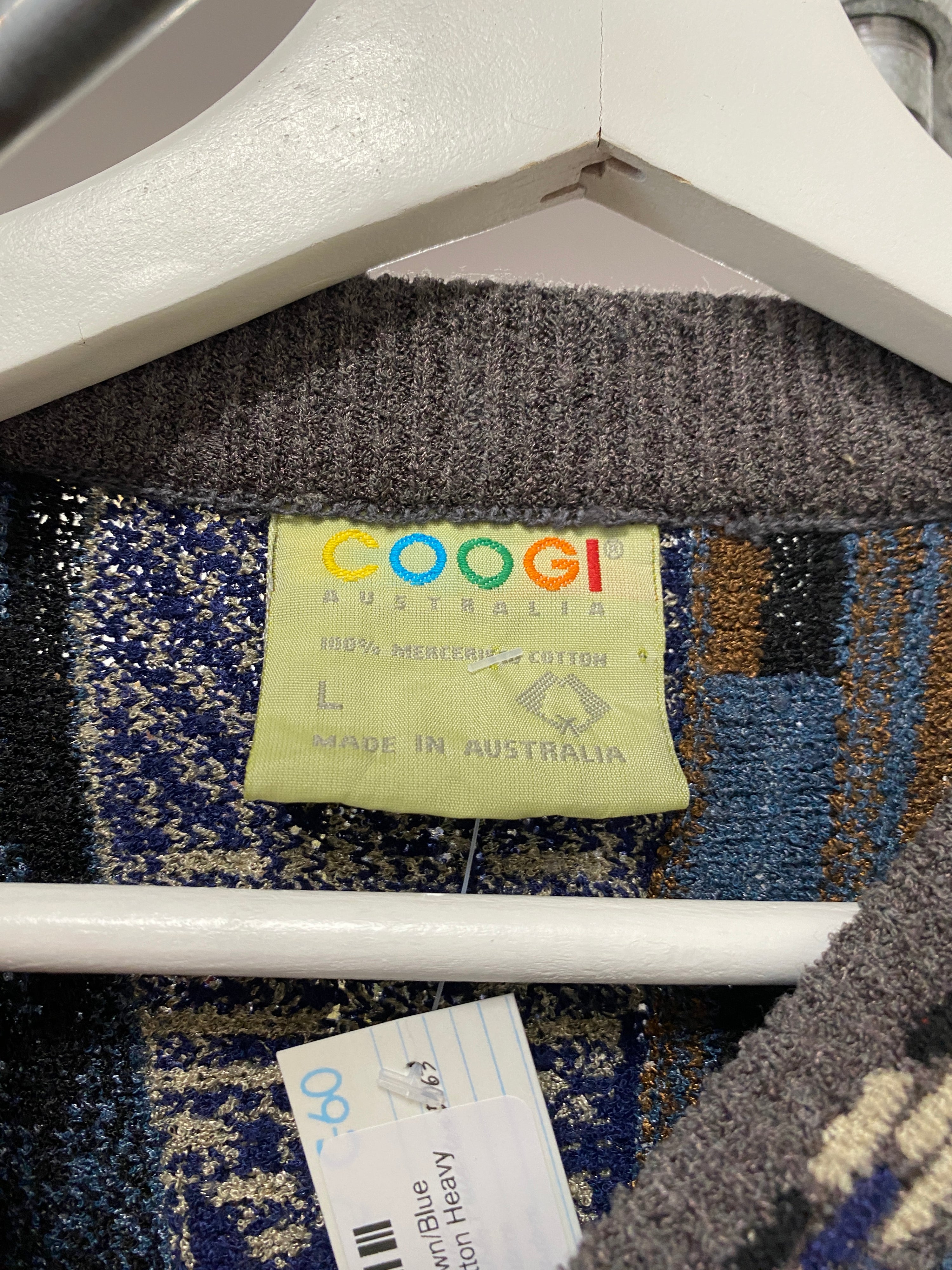 L - Vintage Coogi Brown/Blue Vertical Mercerised Cotton Heavy Jumper