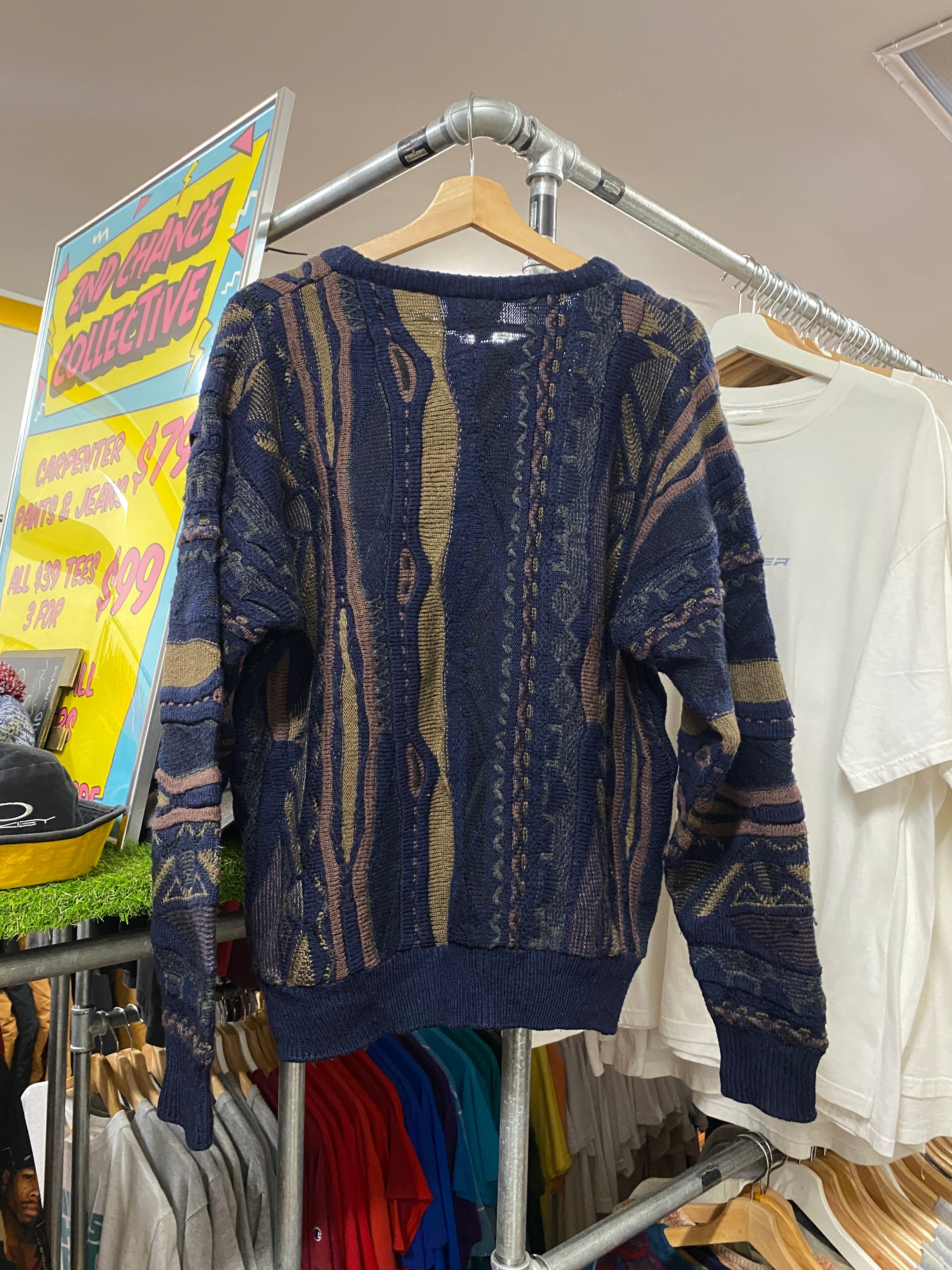 M - Vintage Coogi Navy/Straw/Mauve Vertical Wool Jumper