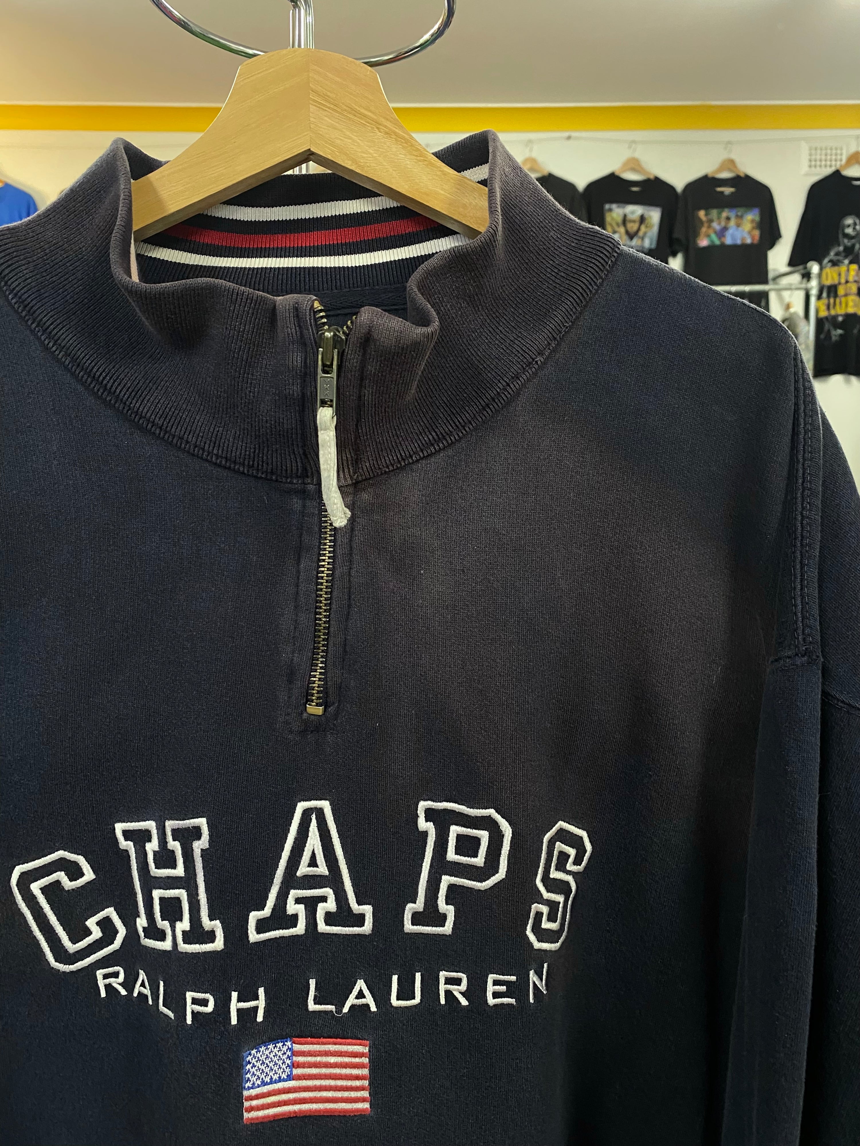 [2XL] RL Chaps Navy 1/4 Zip Jumper American Flag Patch