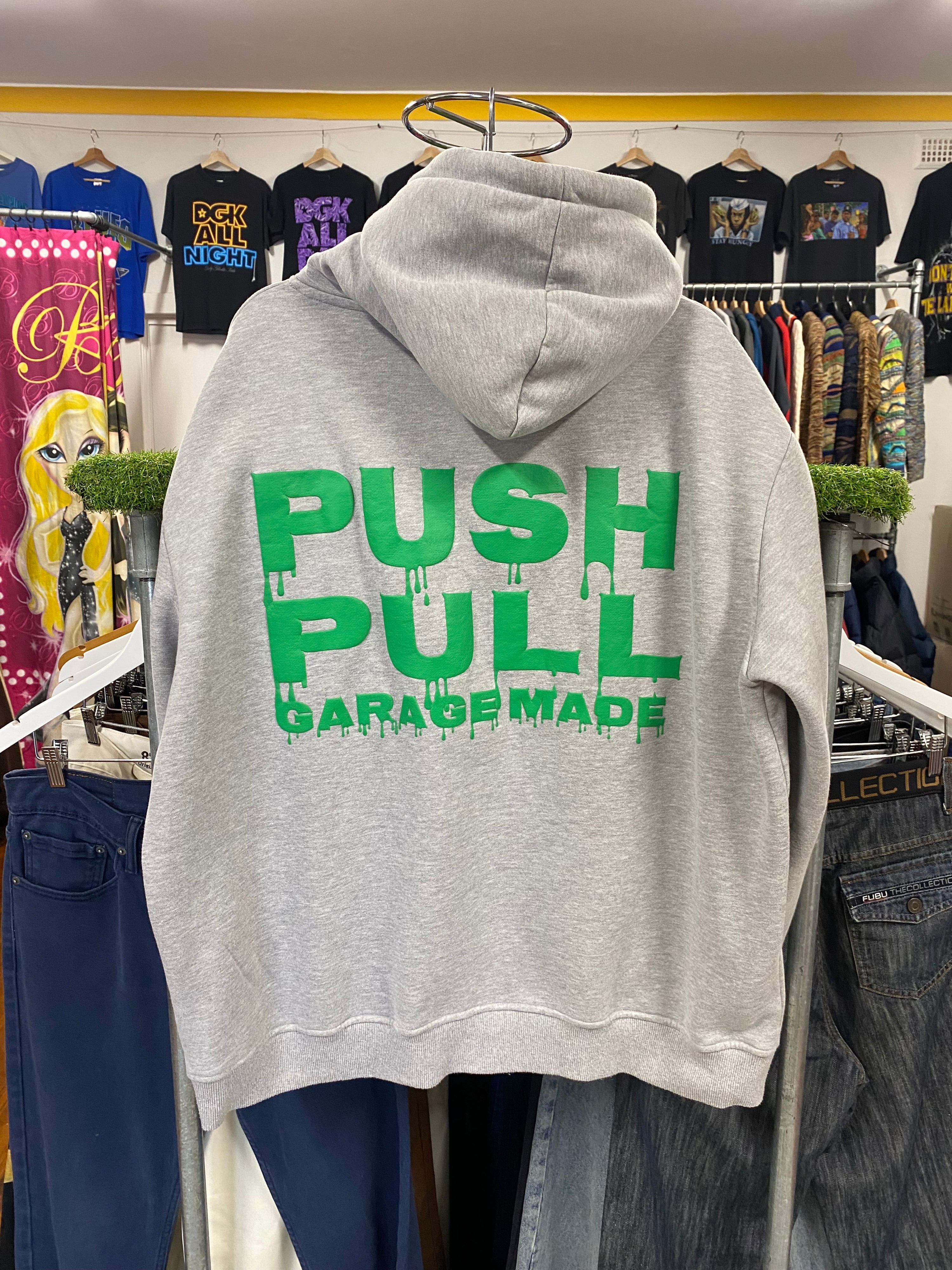 [L] PUSH PULL Garage Made Grey Hoodie