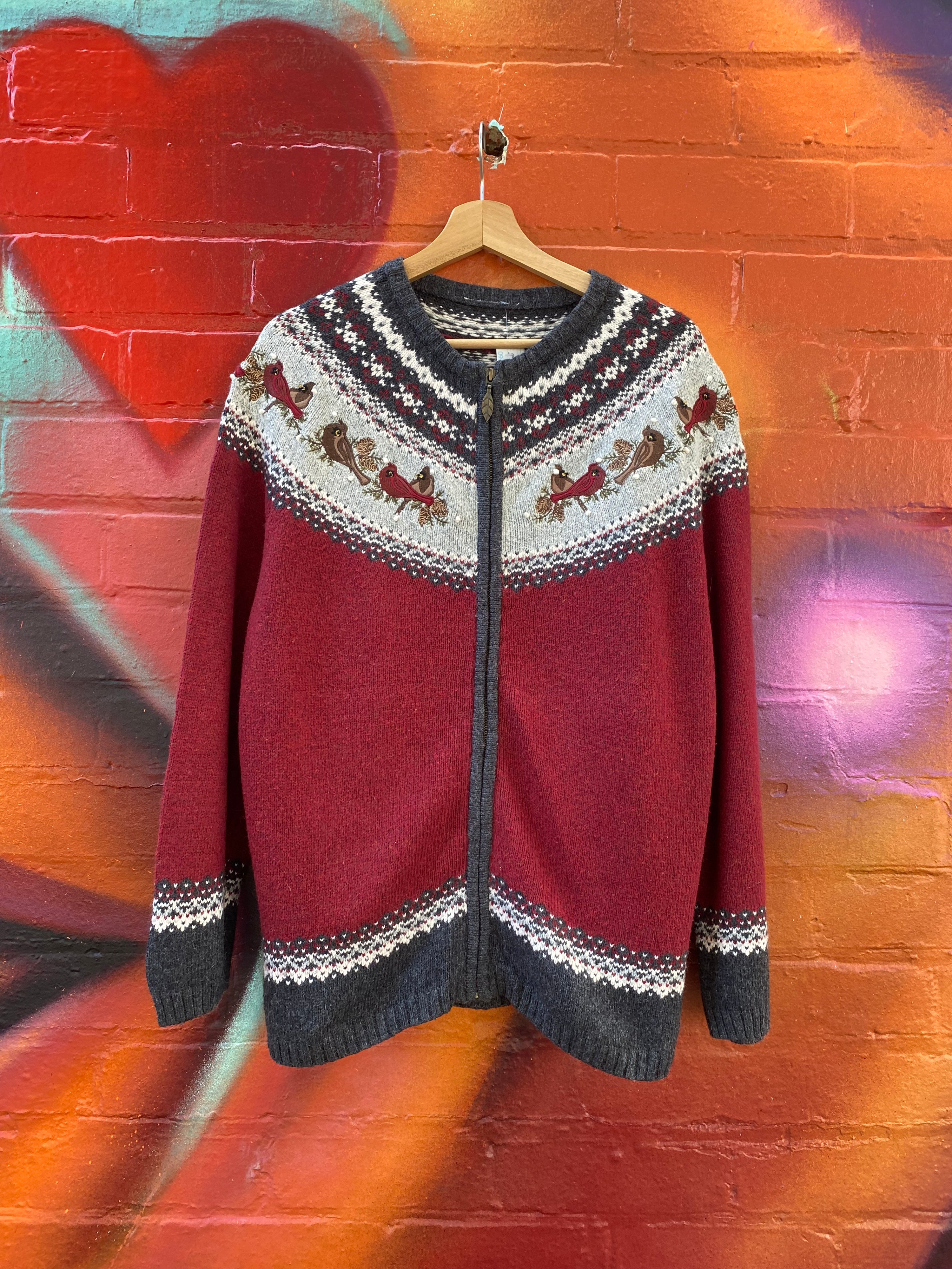 [L] Red/Grey Zip-up Knit with Birds