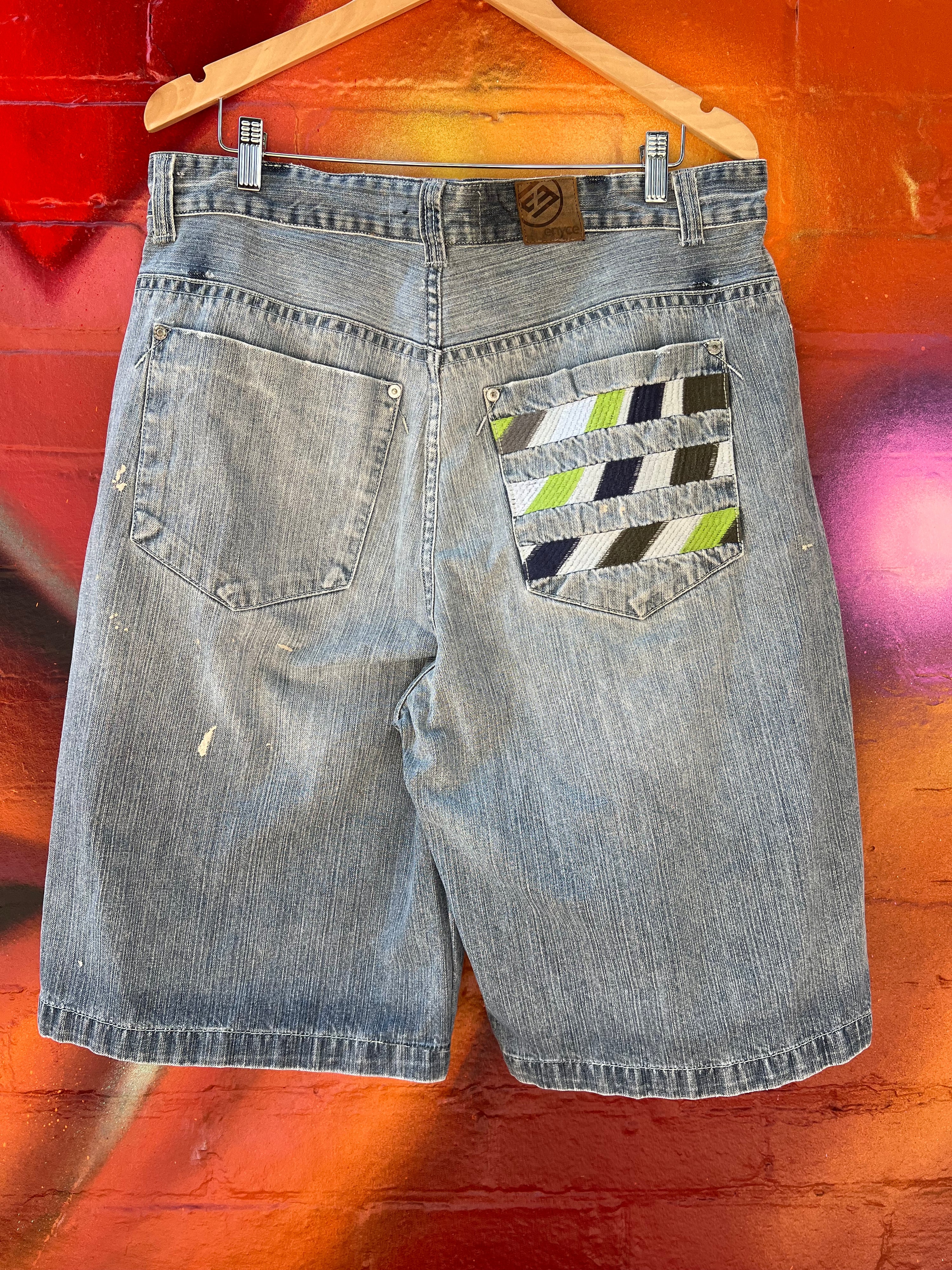 36 - Enyce Denim Shorts Colourful Patches Back Pocket Embroidery