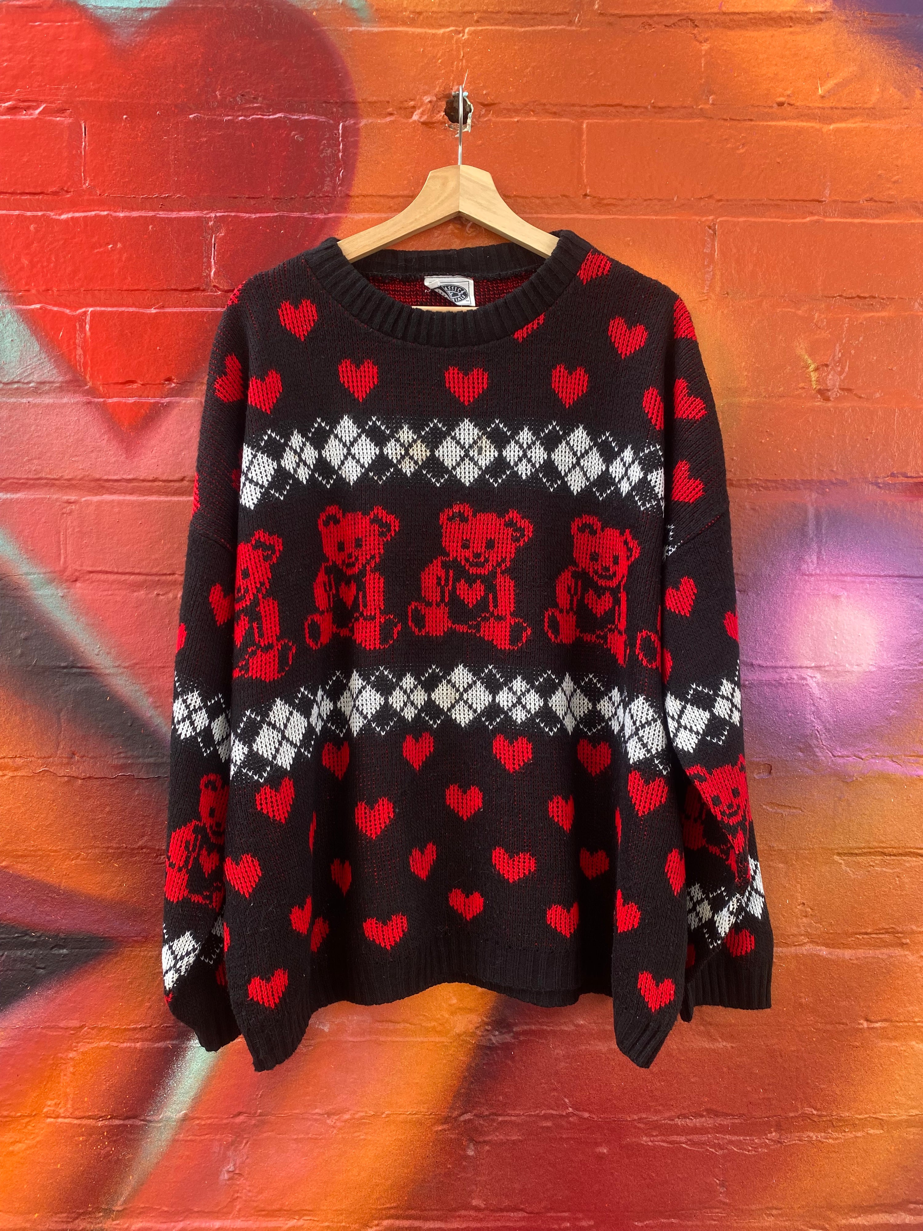 [L] Black/Red Teddy Bears & Hearts Knit Sweater