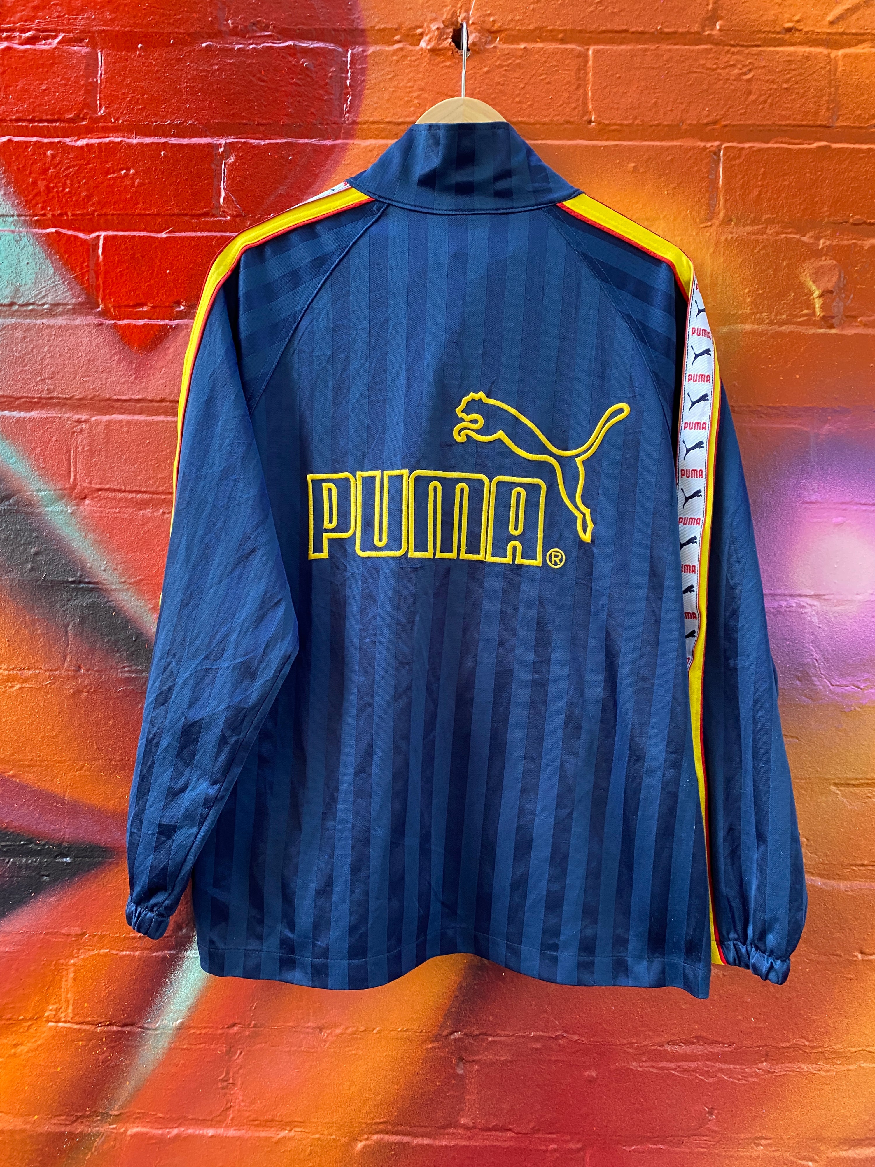 L - Blue Striped Puma Zip Up Embroidered Back