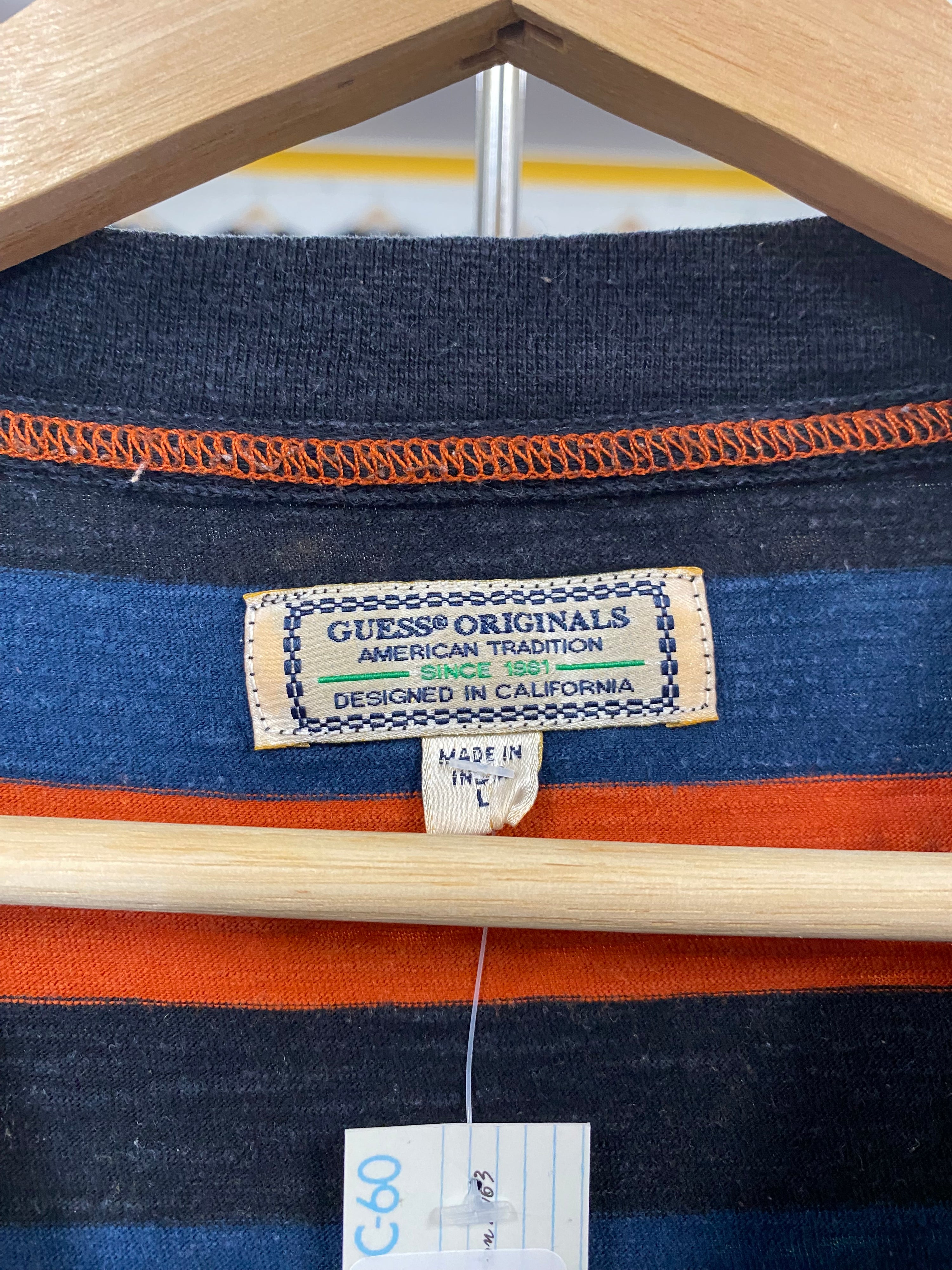 [L] Embroidered Guess Originals Blue/Orange Striped Tshirt