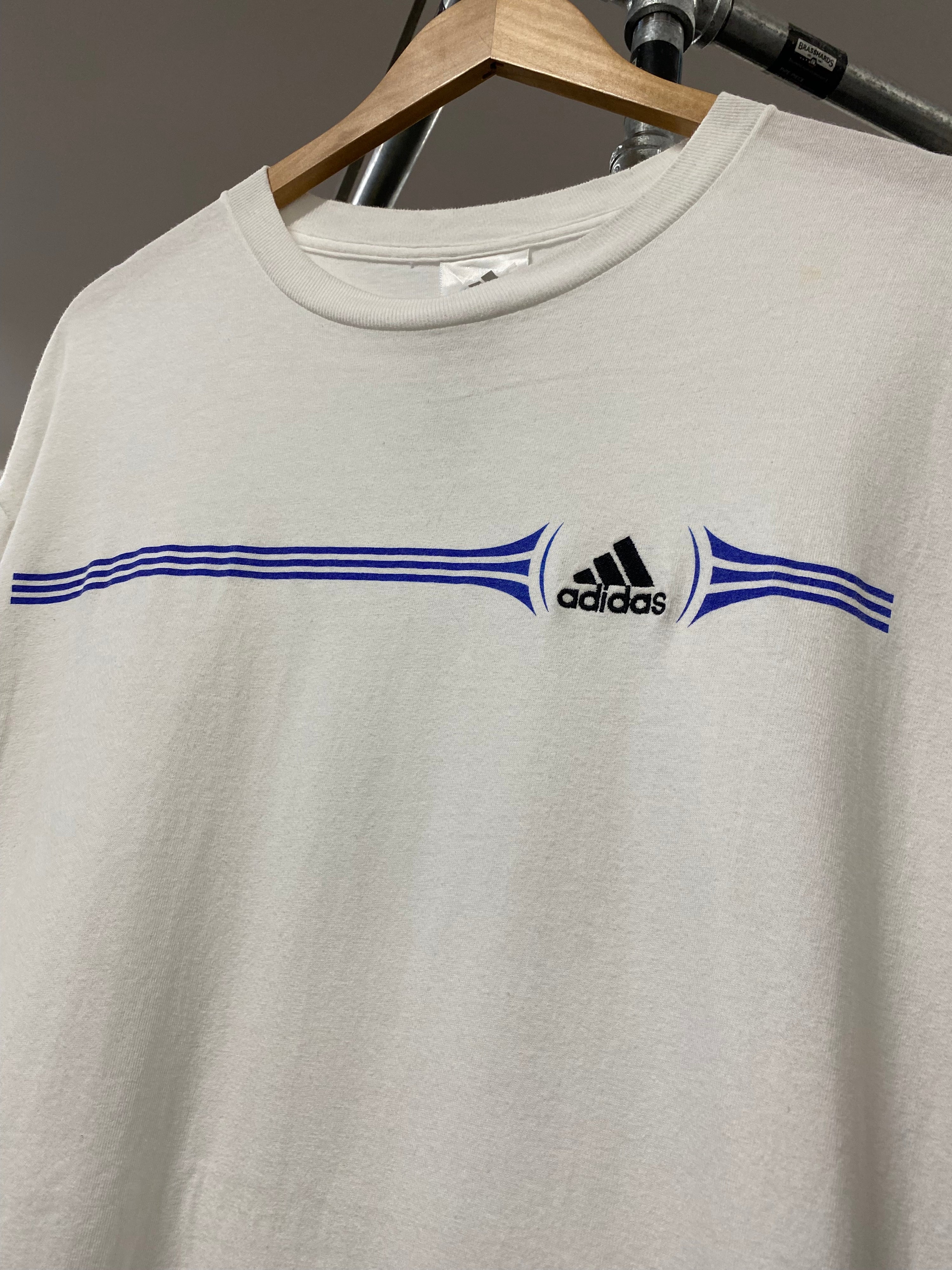 M - Adidas Blue Stripes & Black Embroidered Logo White Tee