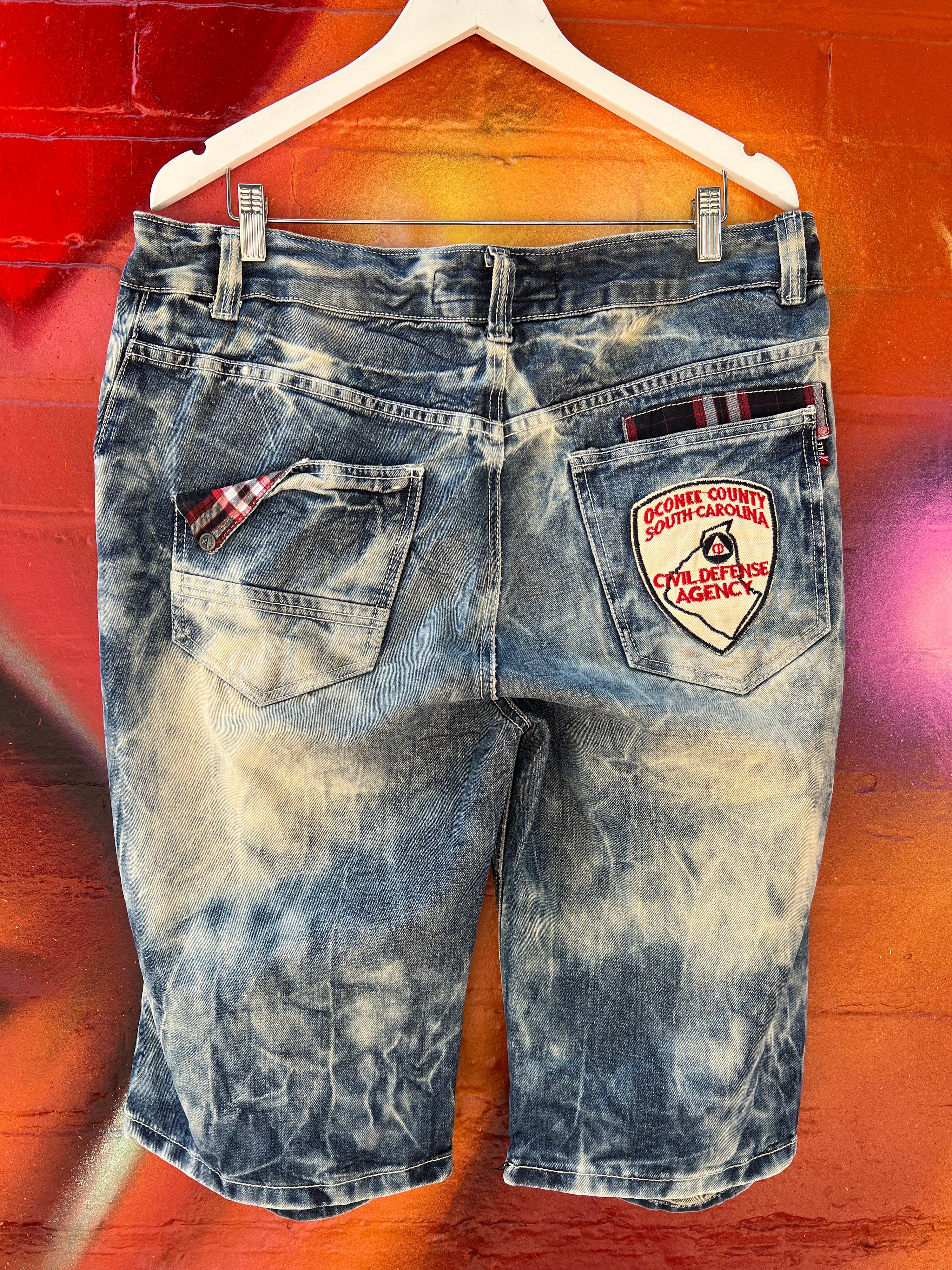 36 - X File Civil Defense Agency Stone Wash Denim Shorts