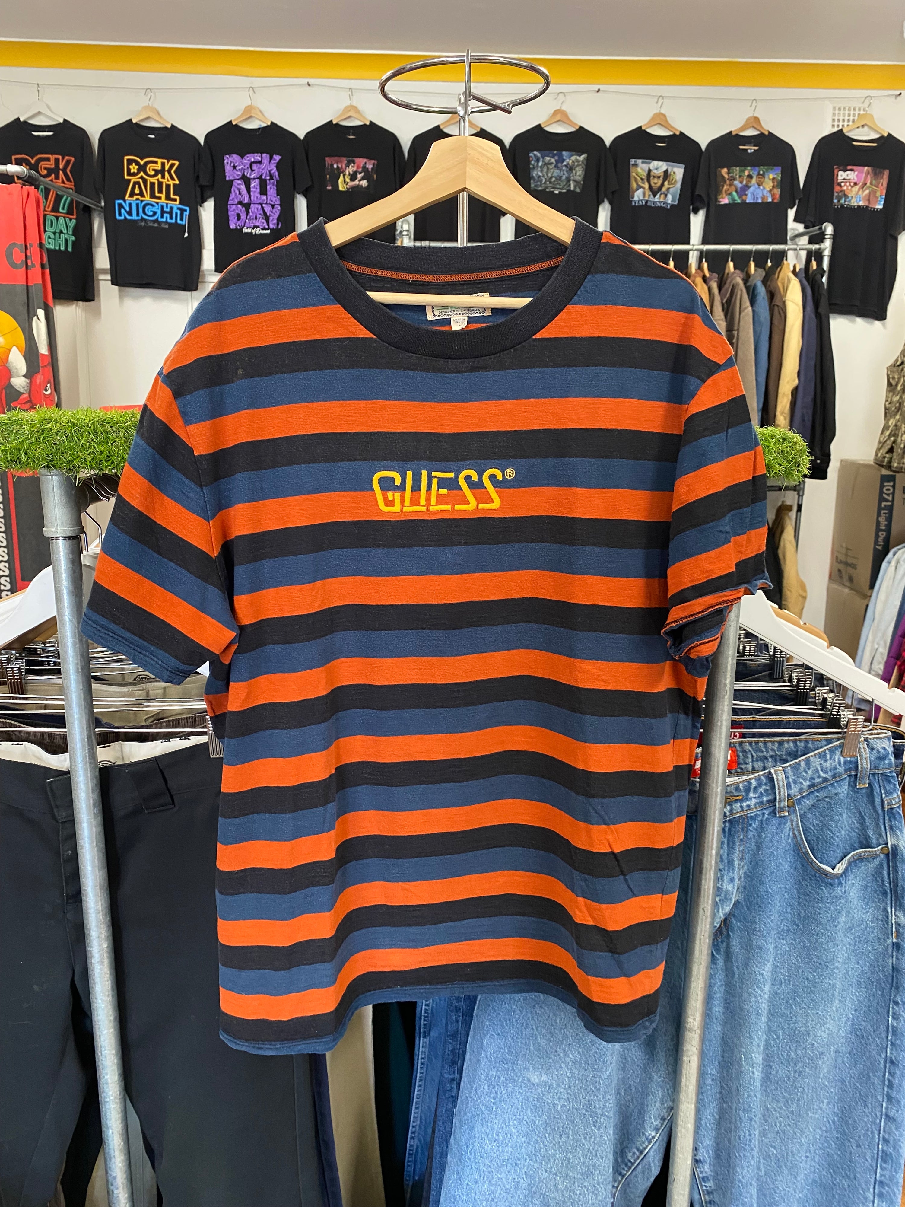 [L] Embroidered Guess Originals Blue/Orange Striped Tshirt