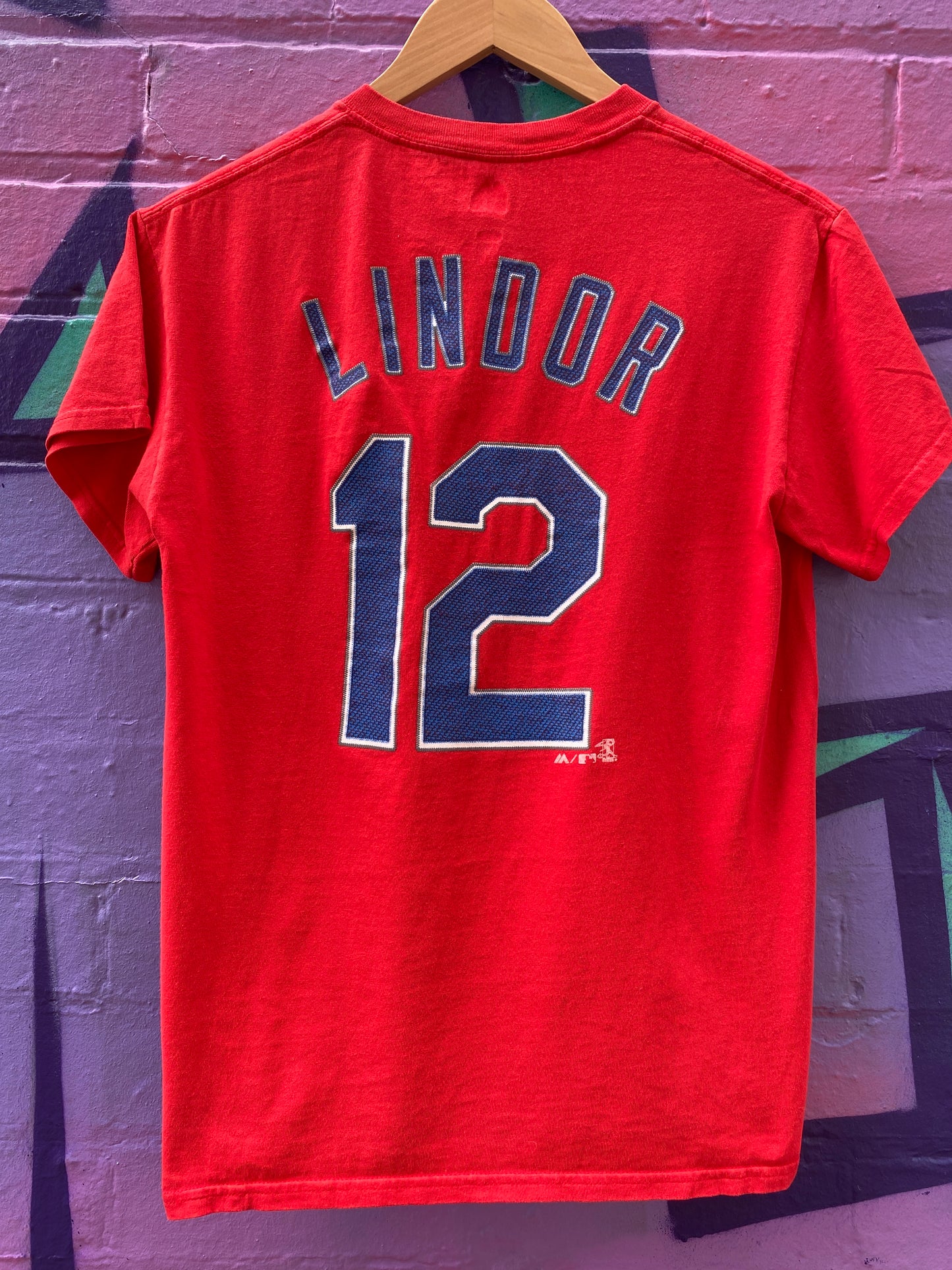 S - Indians #12 Lindor Red Majestic Tee