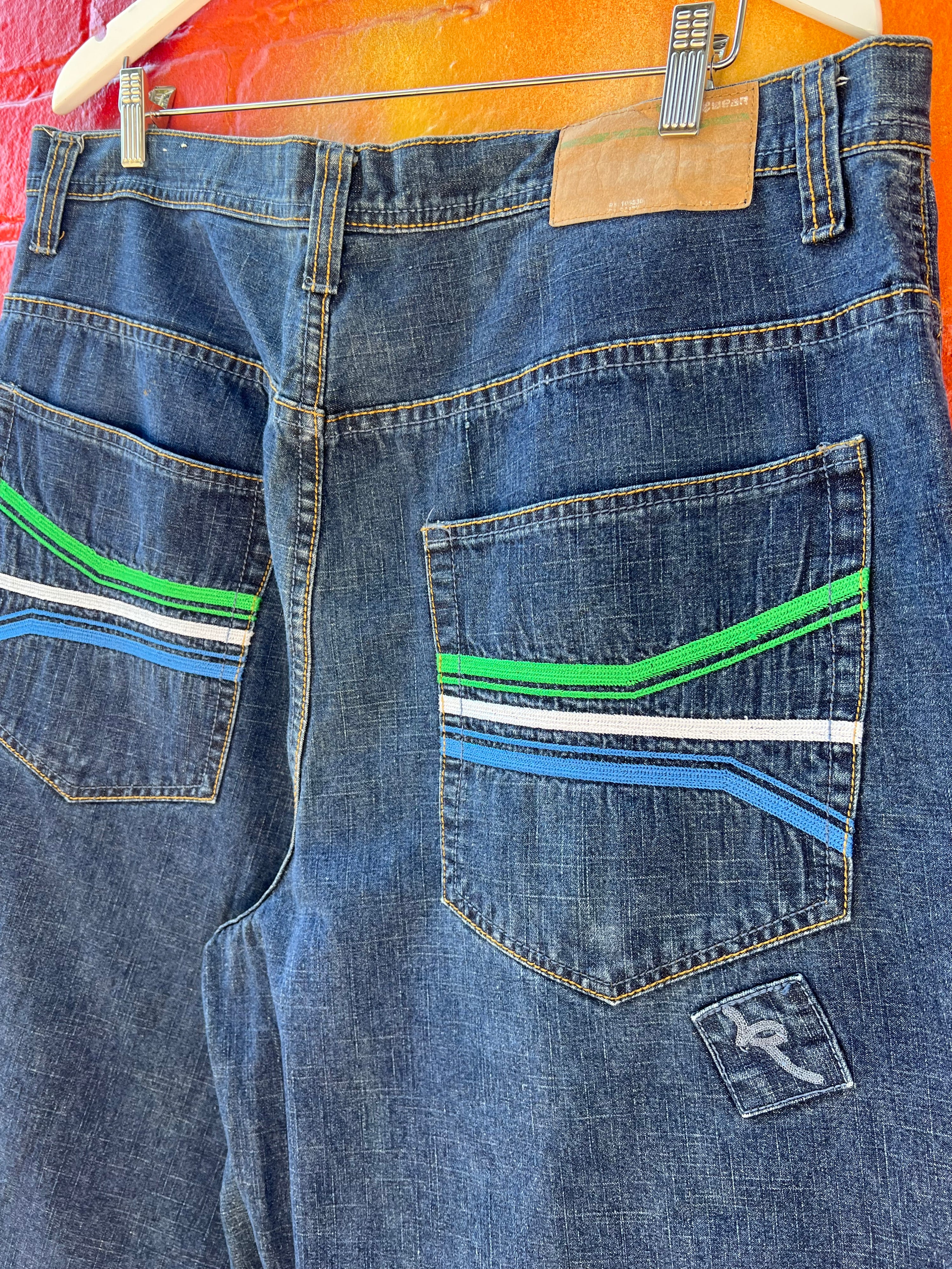 40 - Rocawear DB Denim Shorts Green/White/Blue Accents