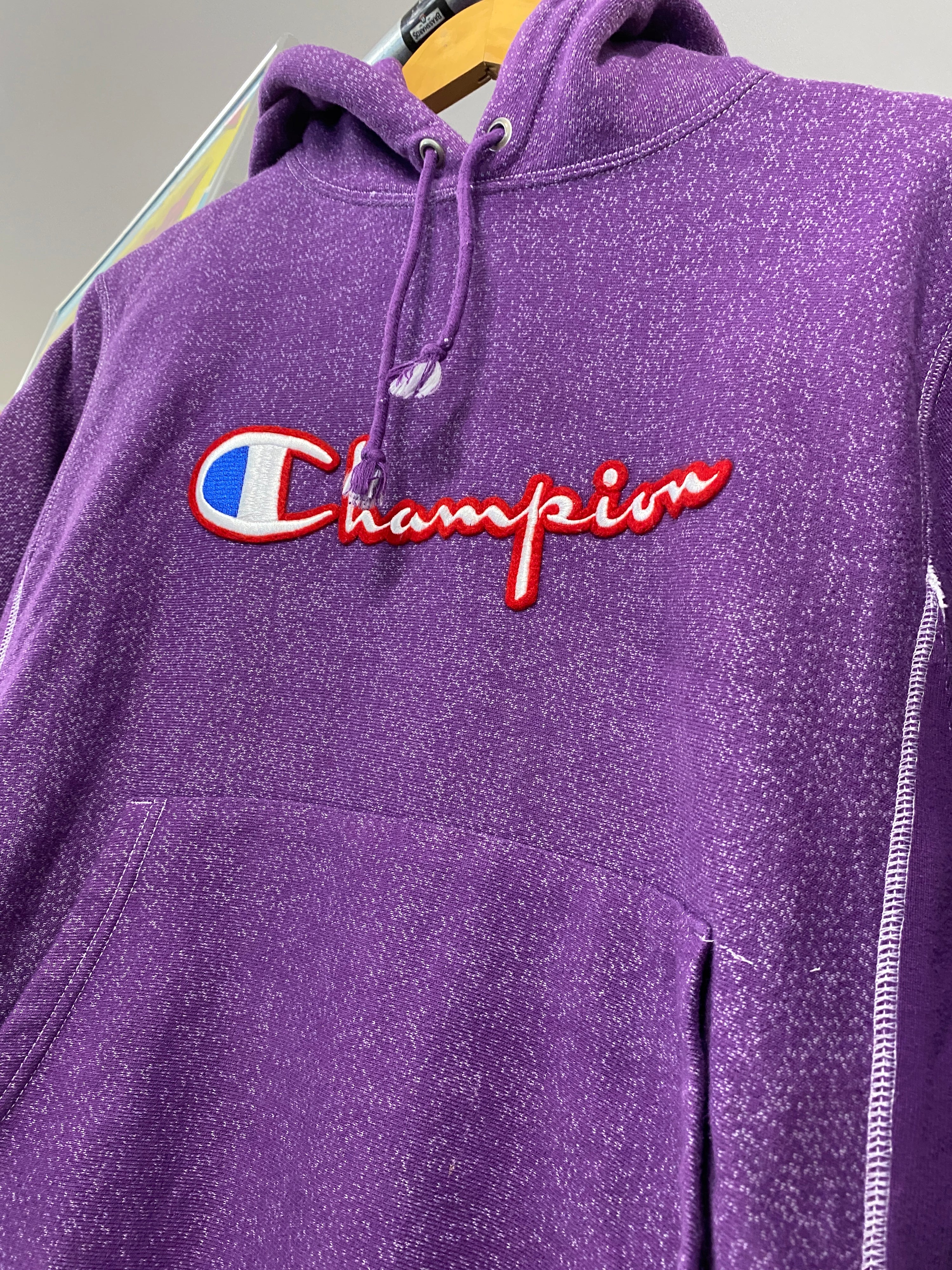 S - Champion Dyed RW Snow Purple Spellout Hoodie