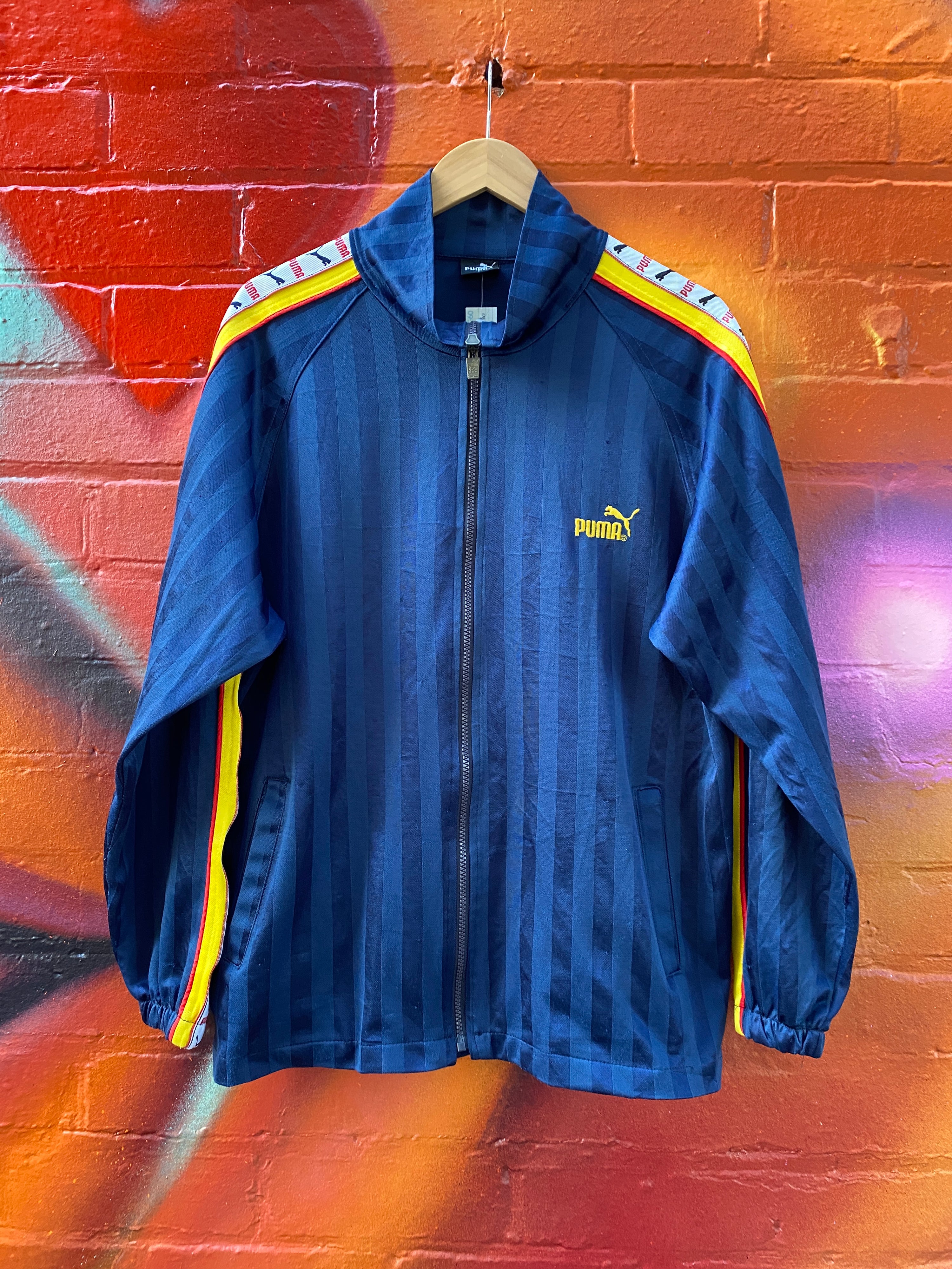 L - Blue Striped Puma Zip Up Embroidered Back