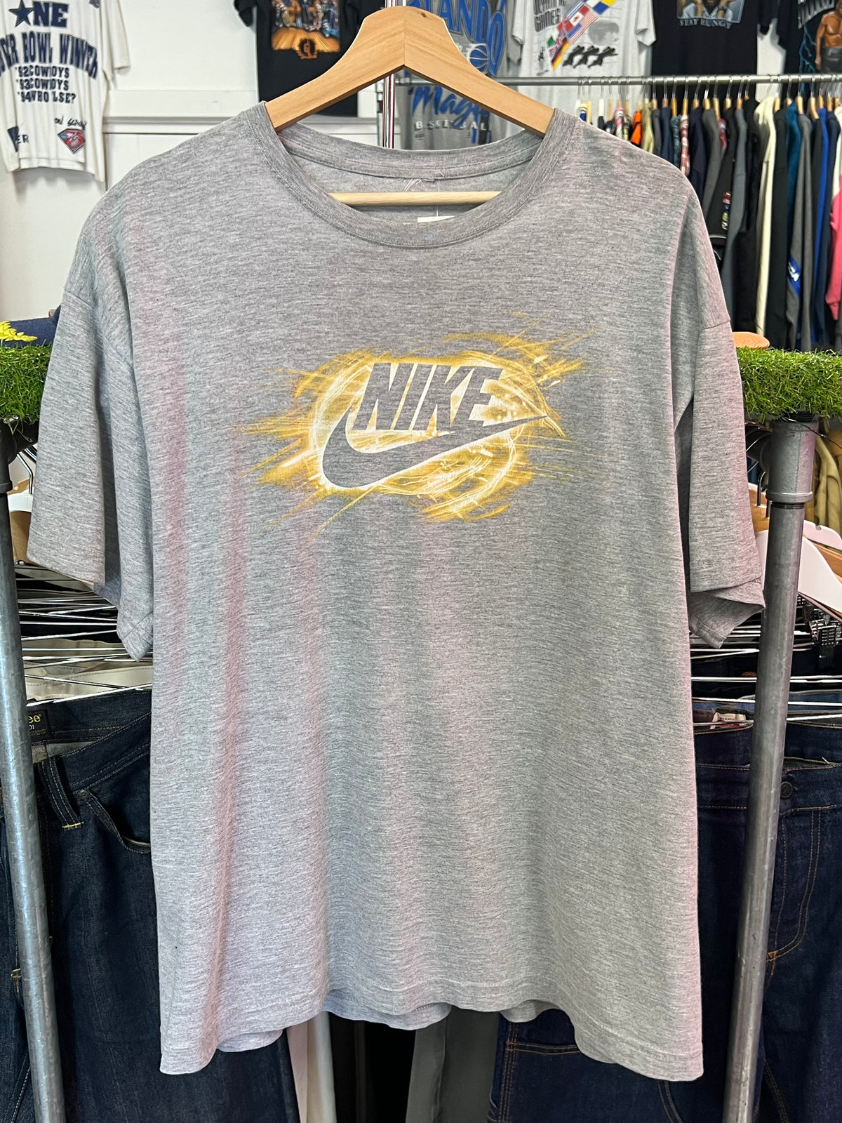 L - Vintage Nike Grey Tee Negative Gold Spellout Tshirt