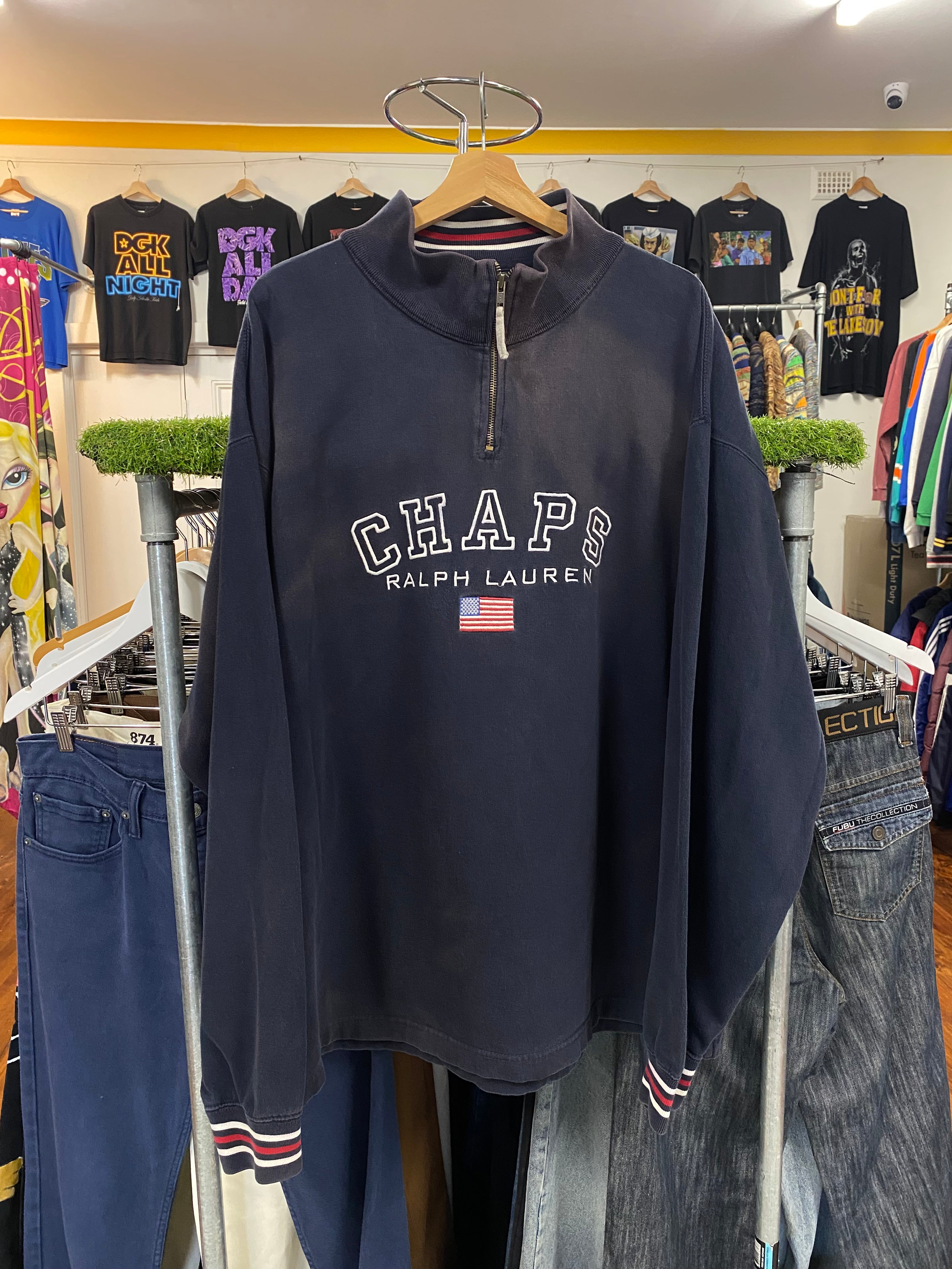 [2XL] RL Chaps Navy 1/4 Zip Jumper American Flag Patch