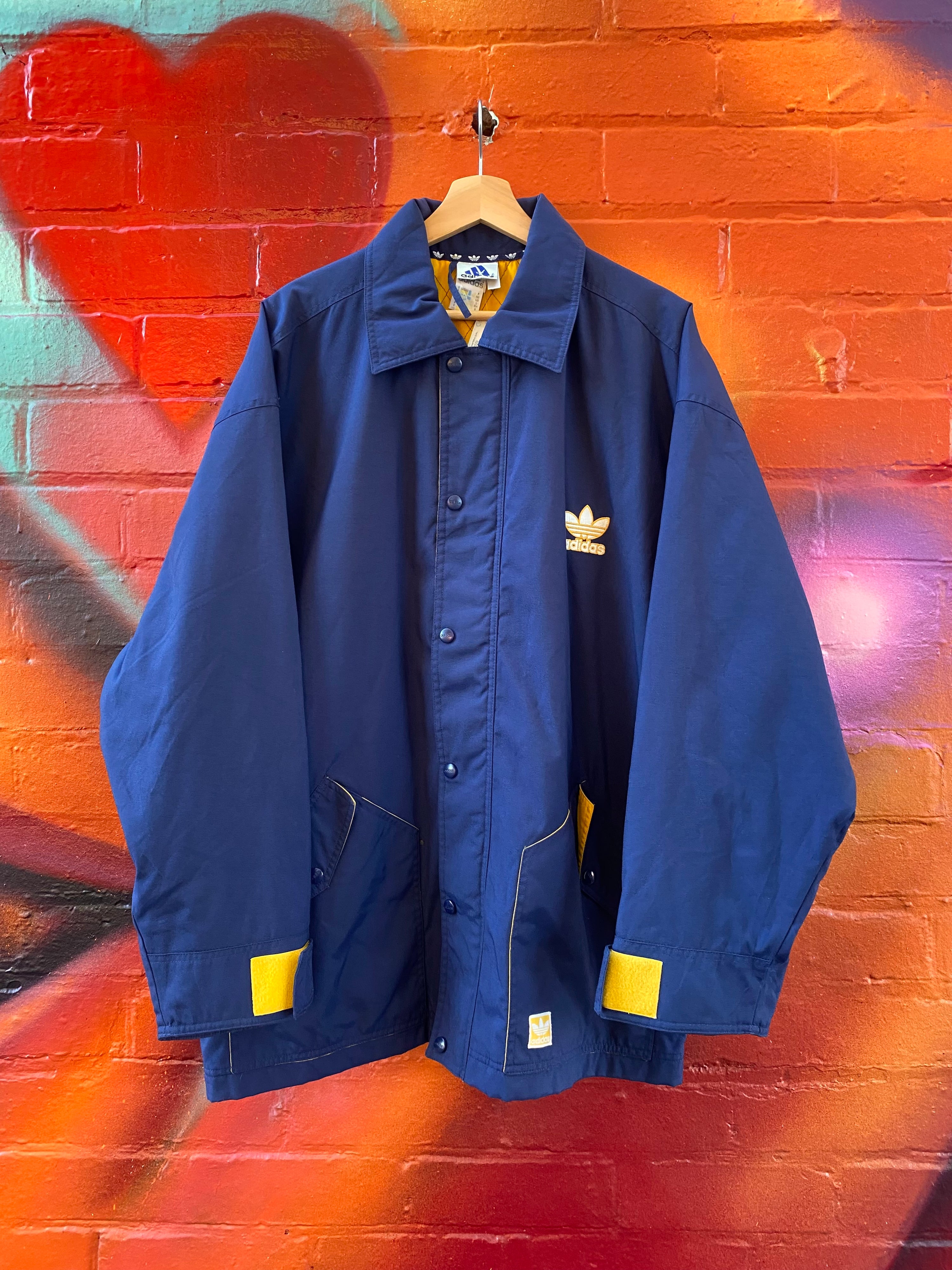[XL] Vintage Adidas Blue Jacket/Yellow Quilted Interior