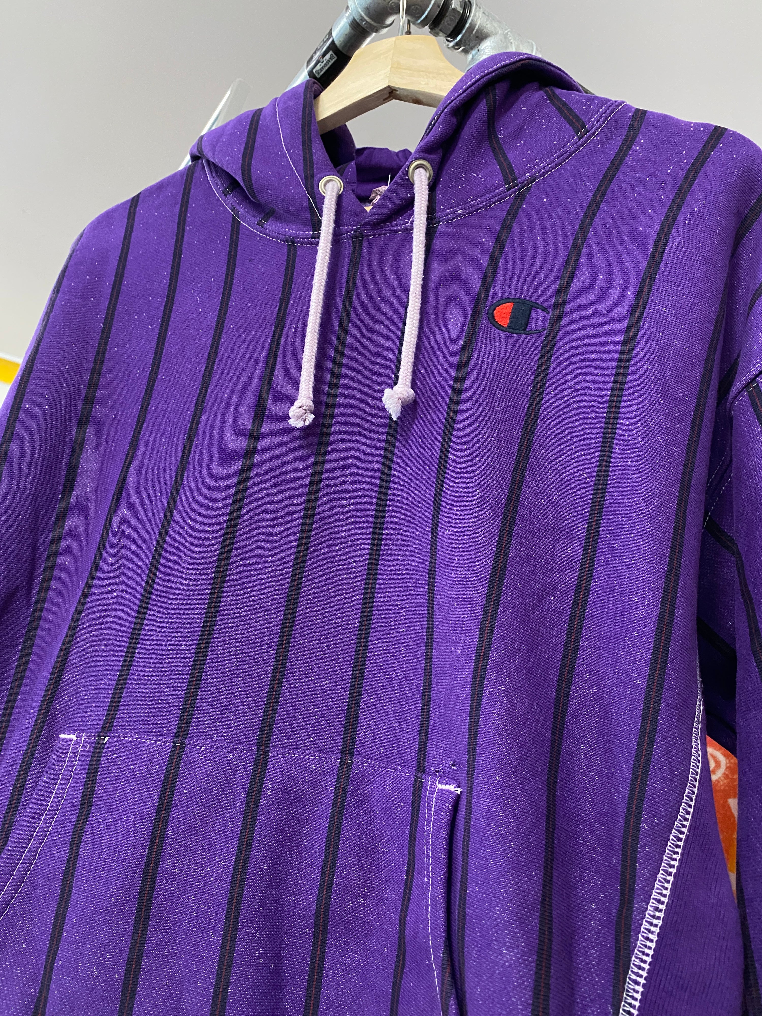 WL - Champion Dyed Purple Black Striped Reverse Weave Hoodie