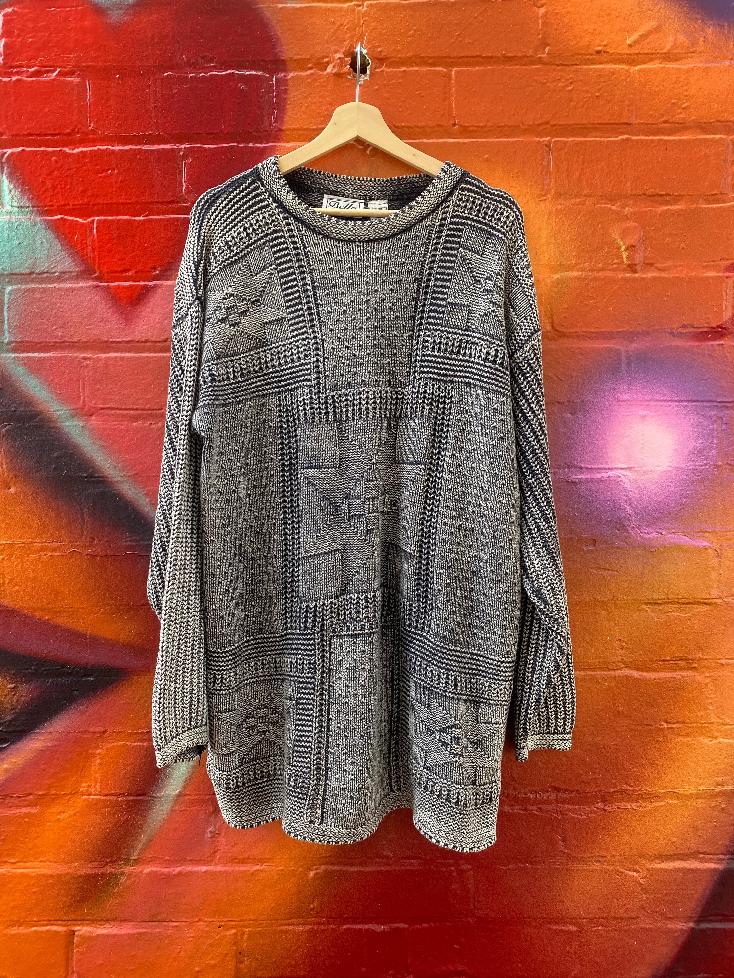 [M] Bella Cottons Grey/White Contrast Knit Sweater
