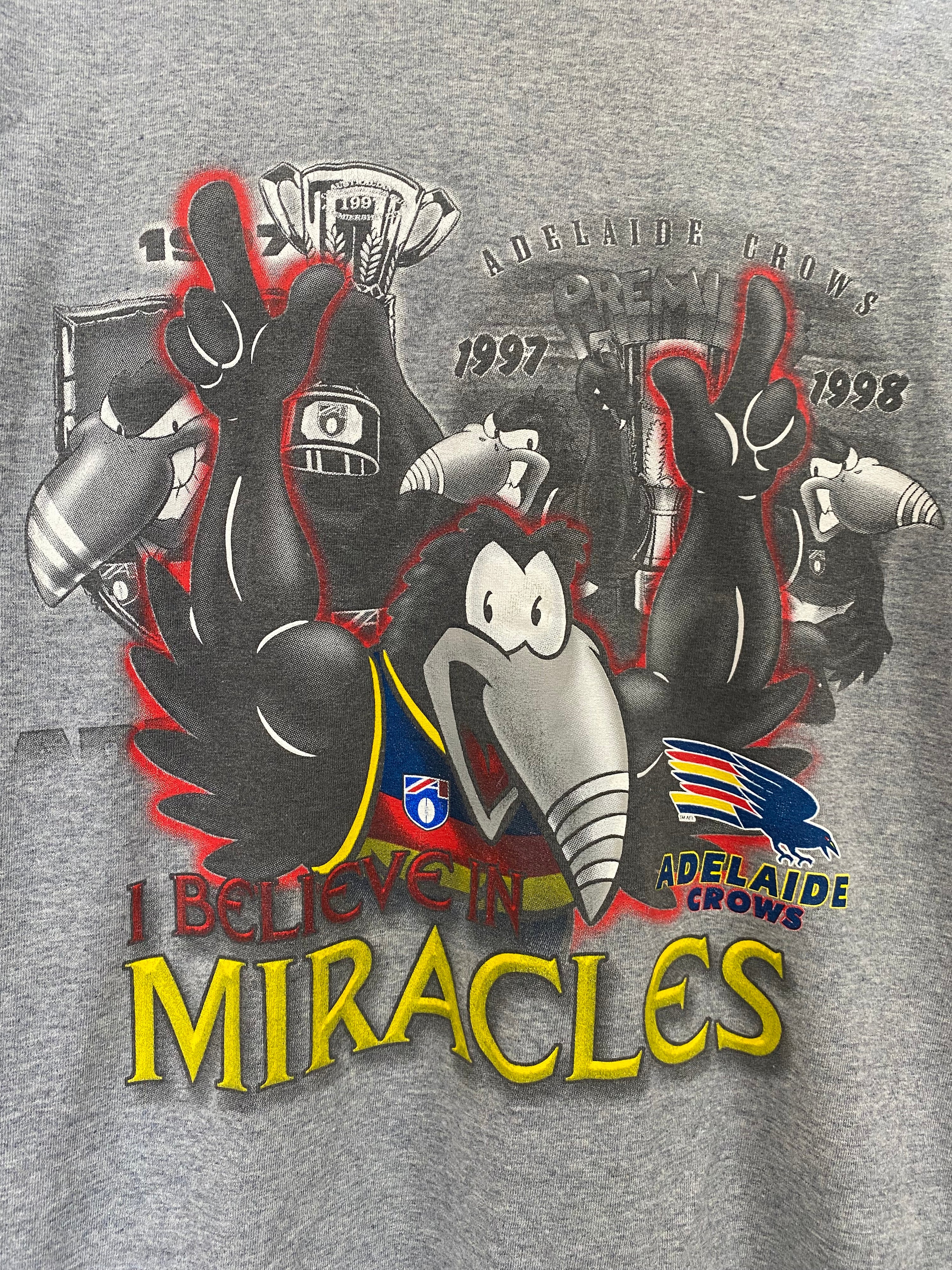 [XL] 1997/1998 Adelaide Crows Premiers Grey Tshirt: I Believe In Miracles