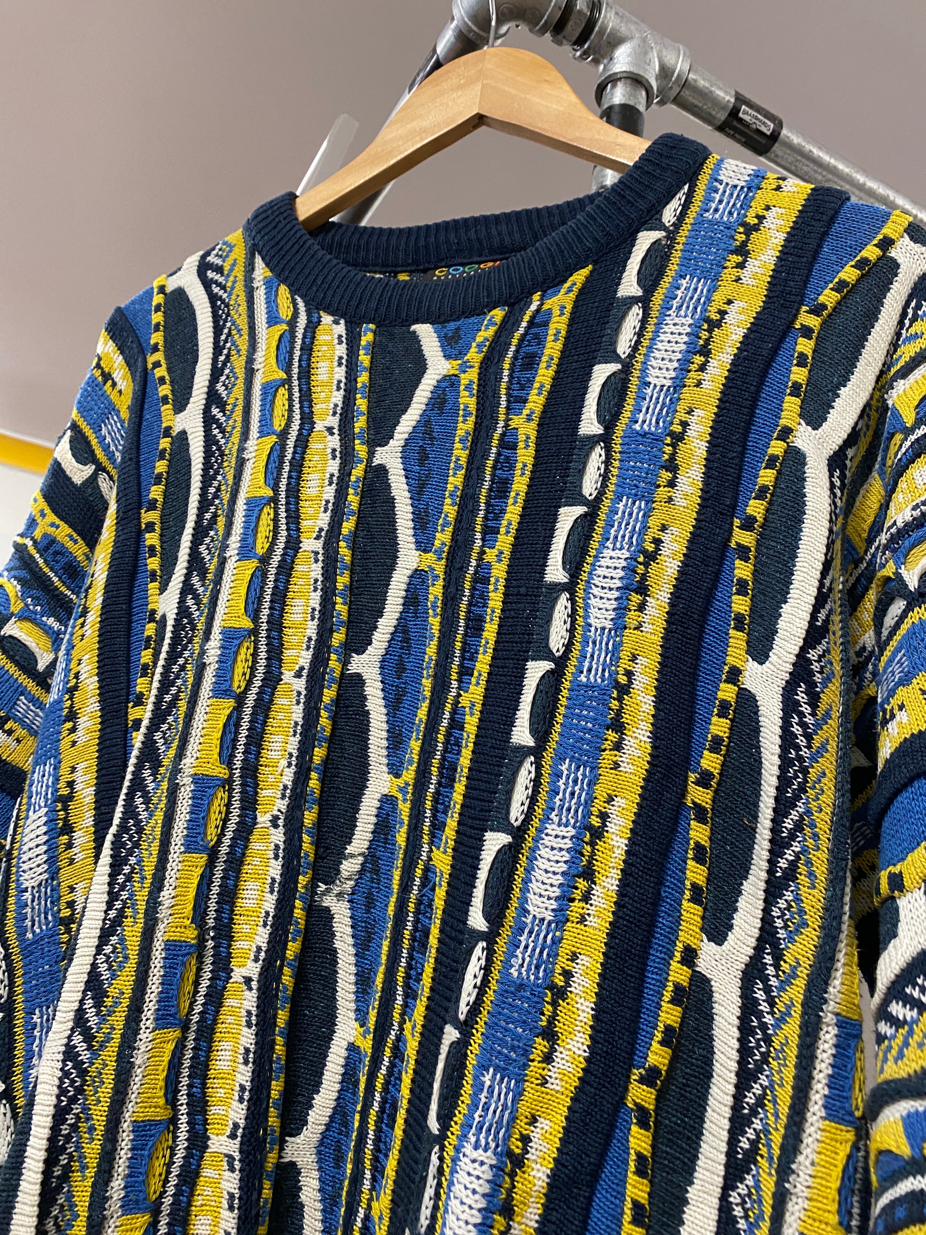 M - Vintage Coogi Blue/Yellow/White Vertical Wool Jumper