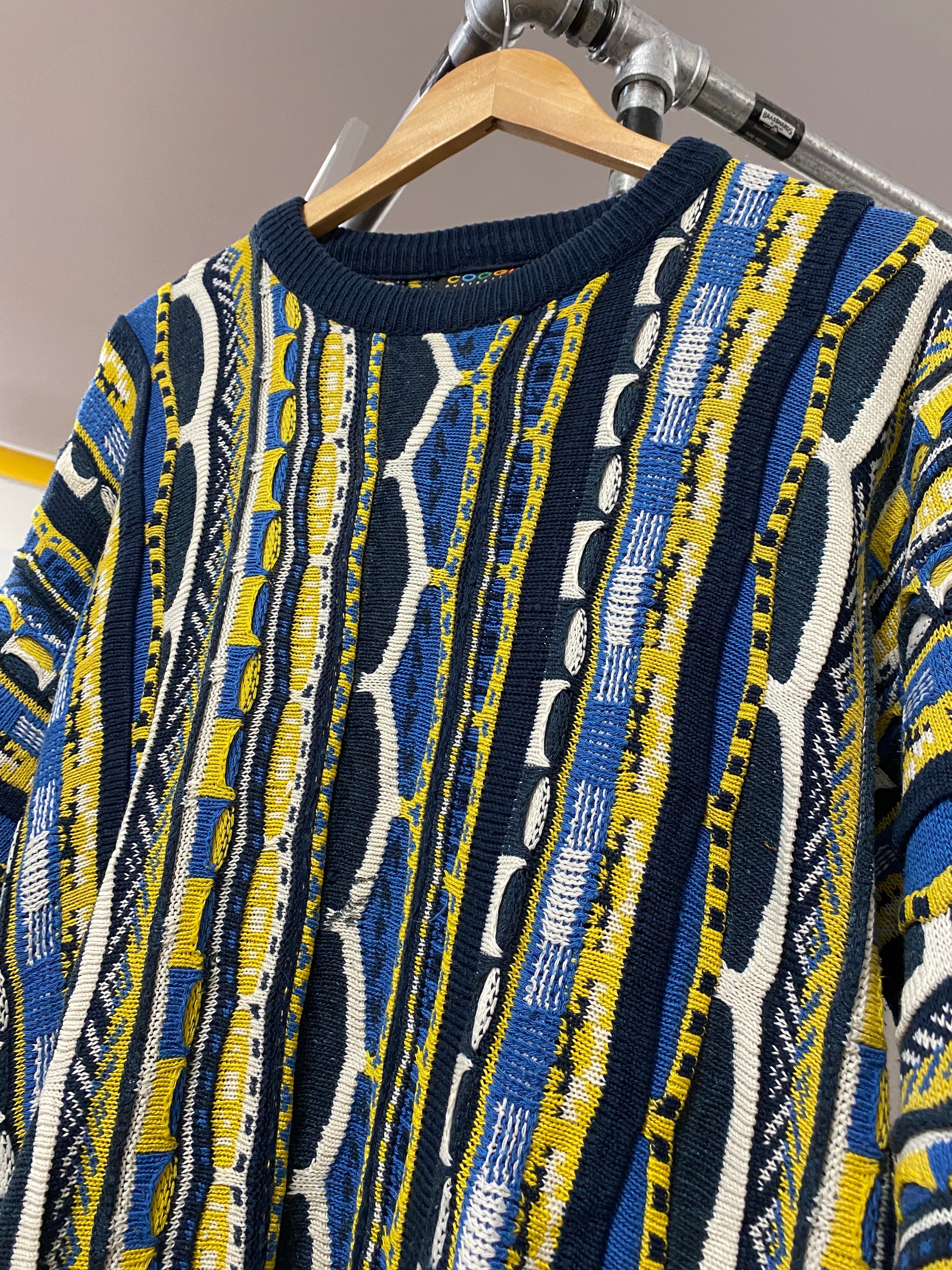 M - Vintage Coogi Blue/Yellow/White Vertical Wool Jumper