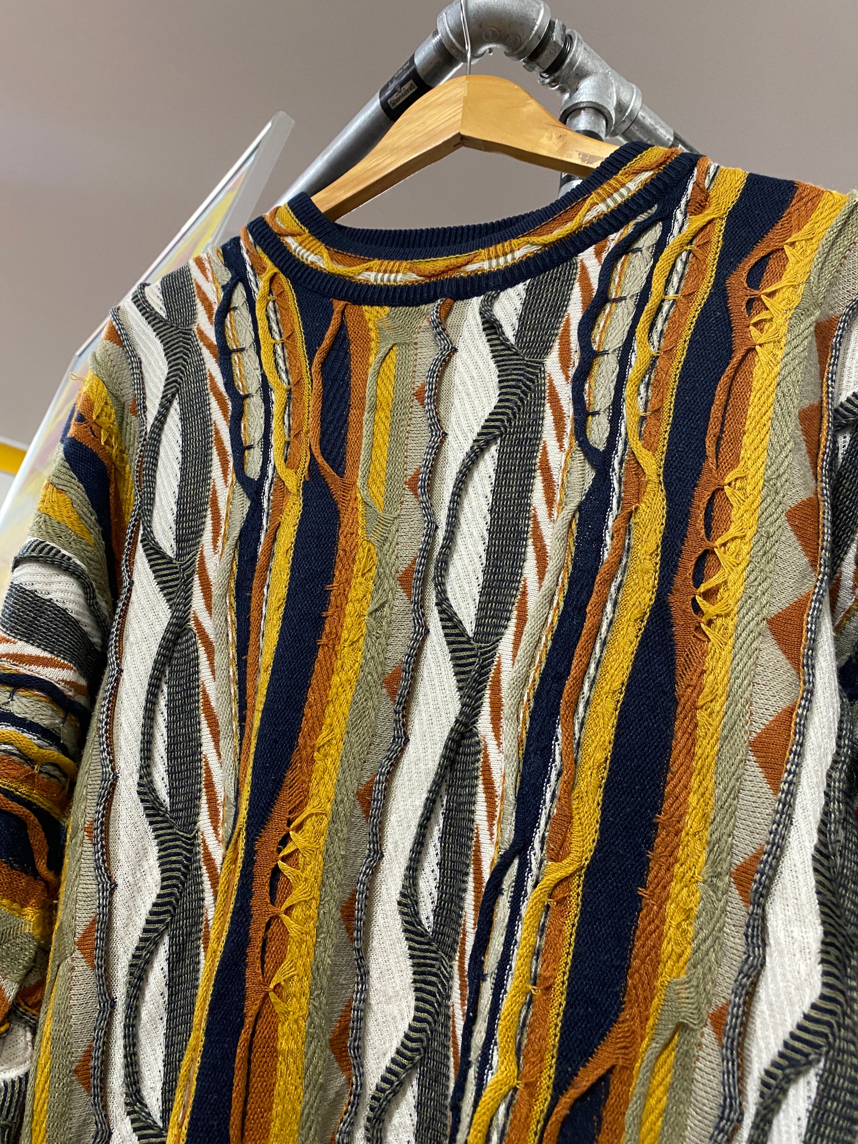M - Vintage Coogi Mustard/Navy Vertical Wool Jumper