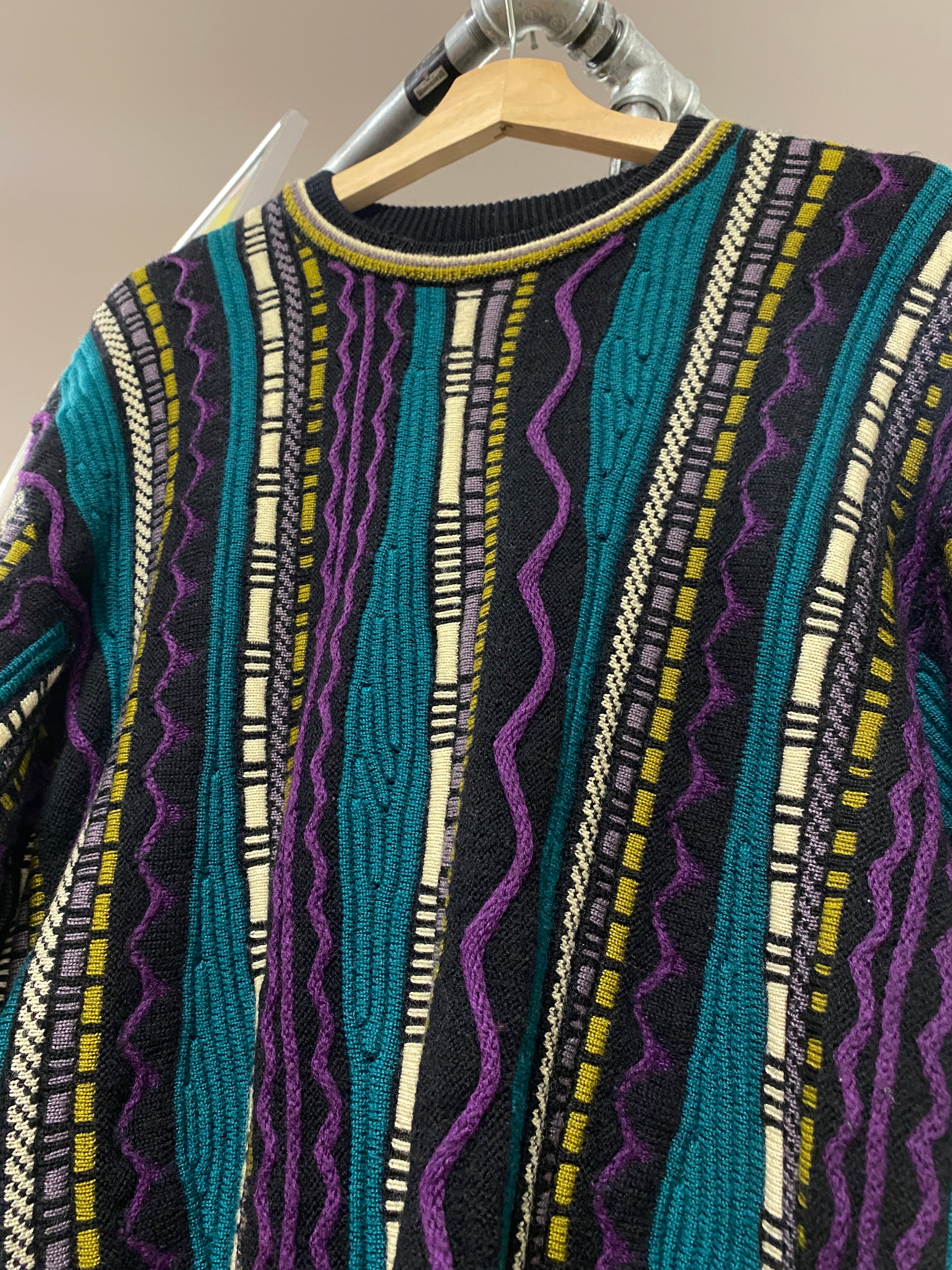 M - Vintage Coogi Purple/Teal/Black Vertical Wool Heavy Jumper