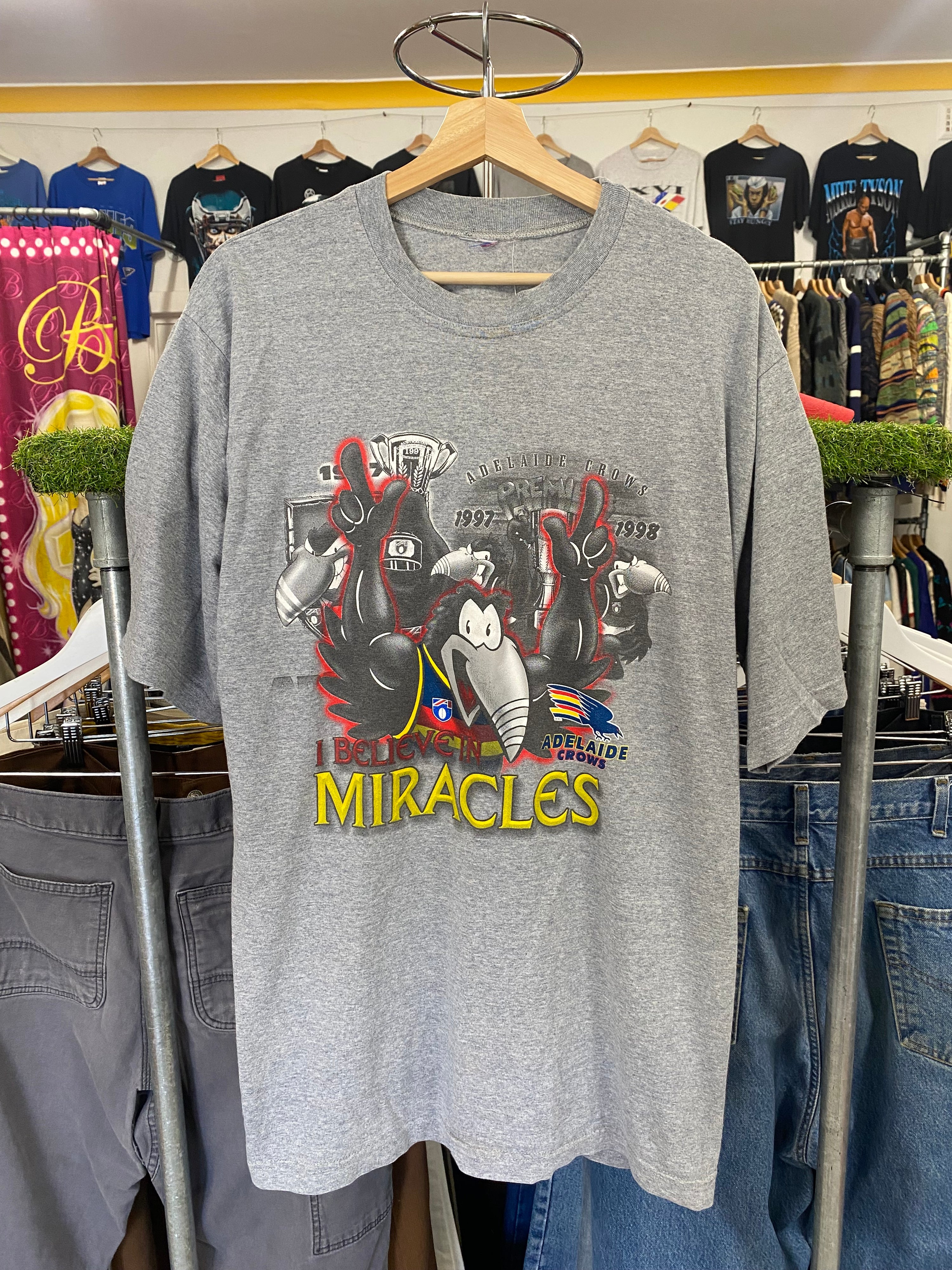 [XL] 1997/1998 Adelaide Crows Premiers Grey Tshirt: I Believe In Miracles
