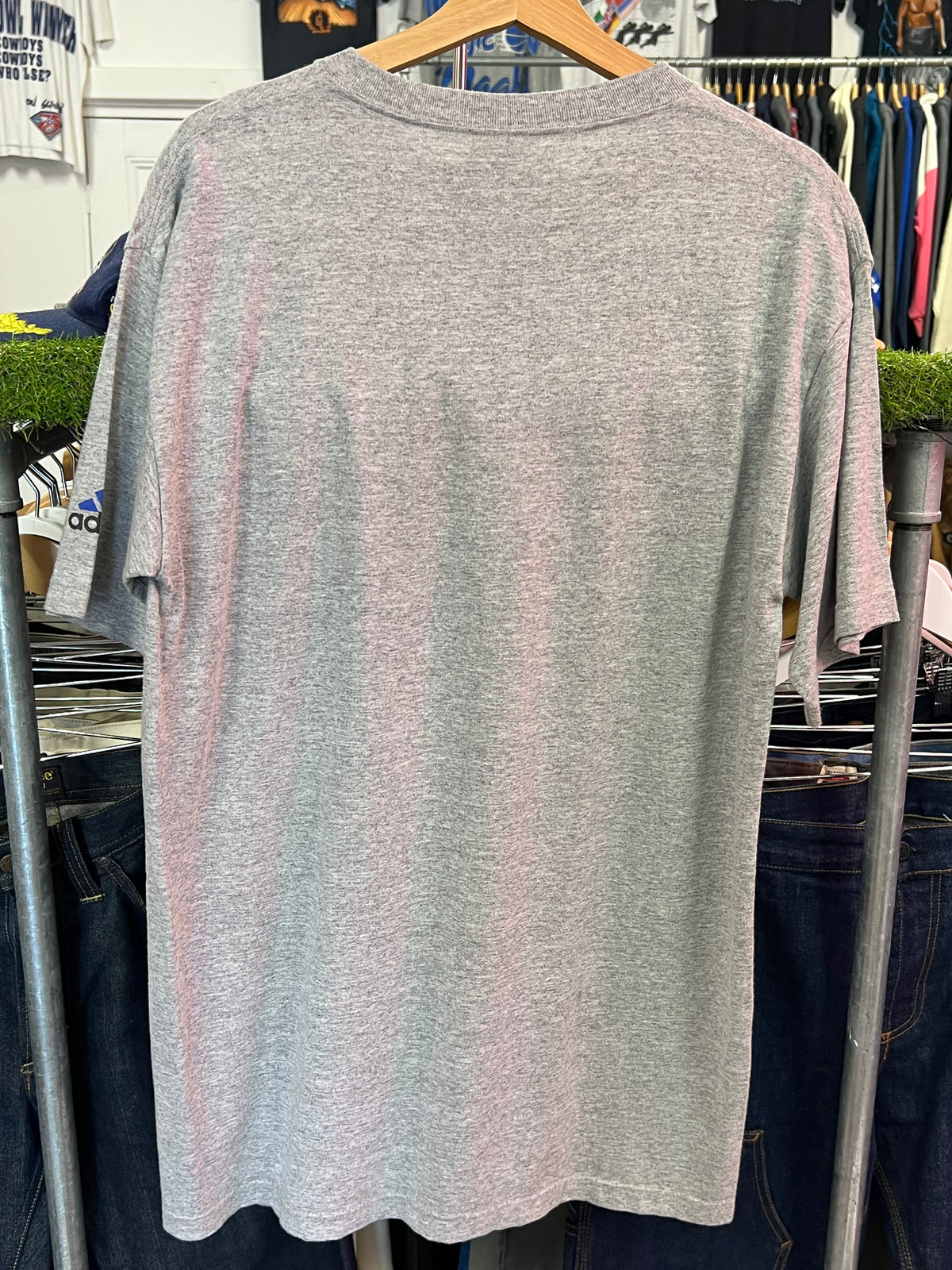 M - Vintage Adidas Big Blue Logo Grey Tshirt