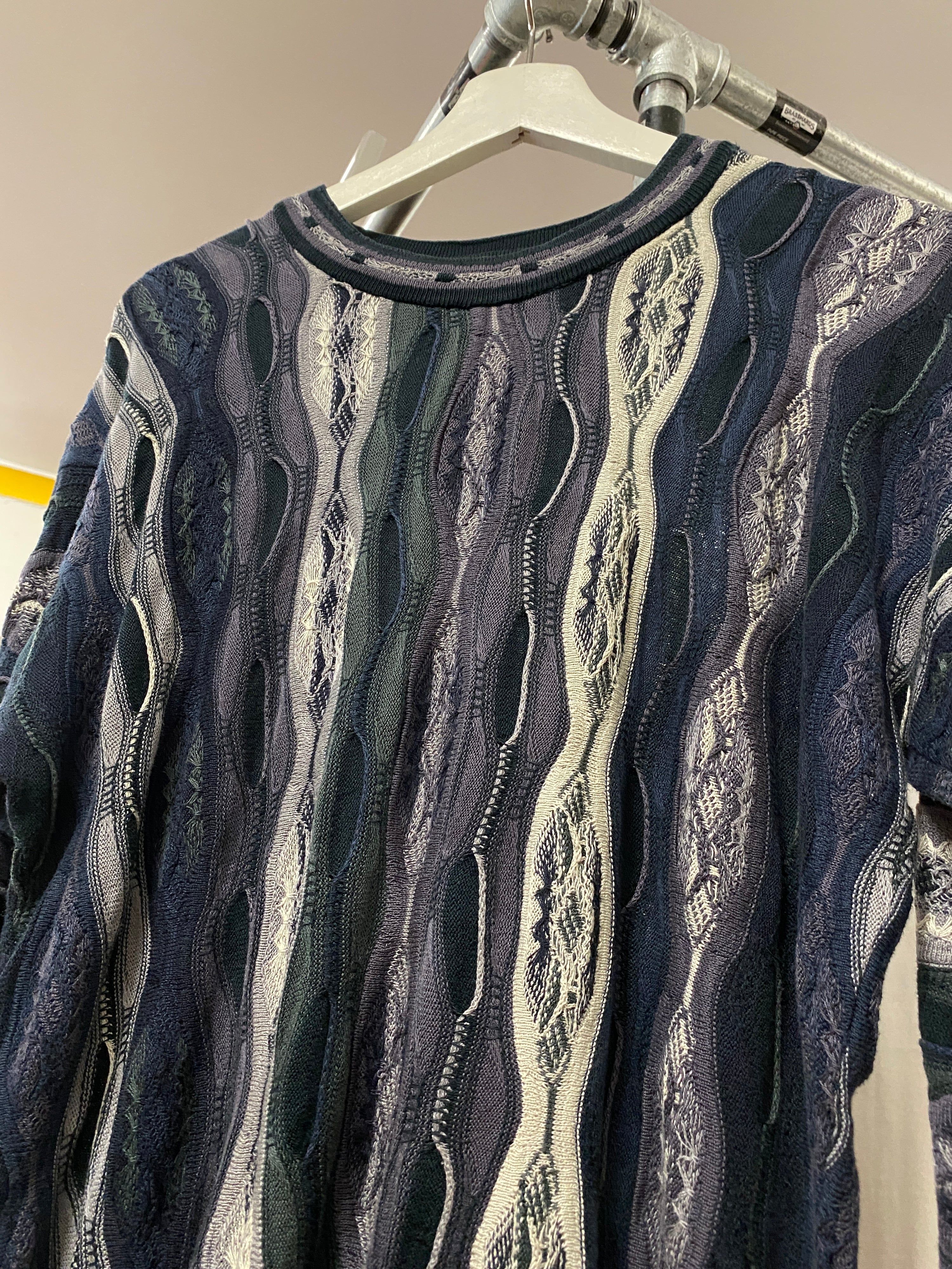 L - Vintage Coogi Grey/Black/Purple Vertical Mercerised Cotton Heavy Jumper