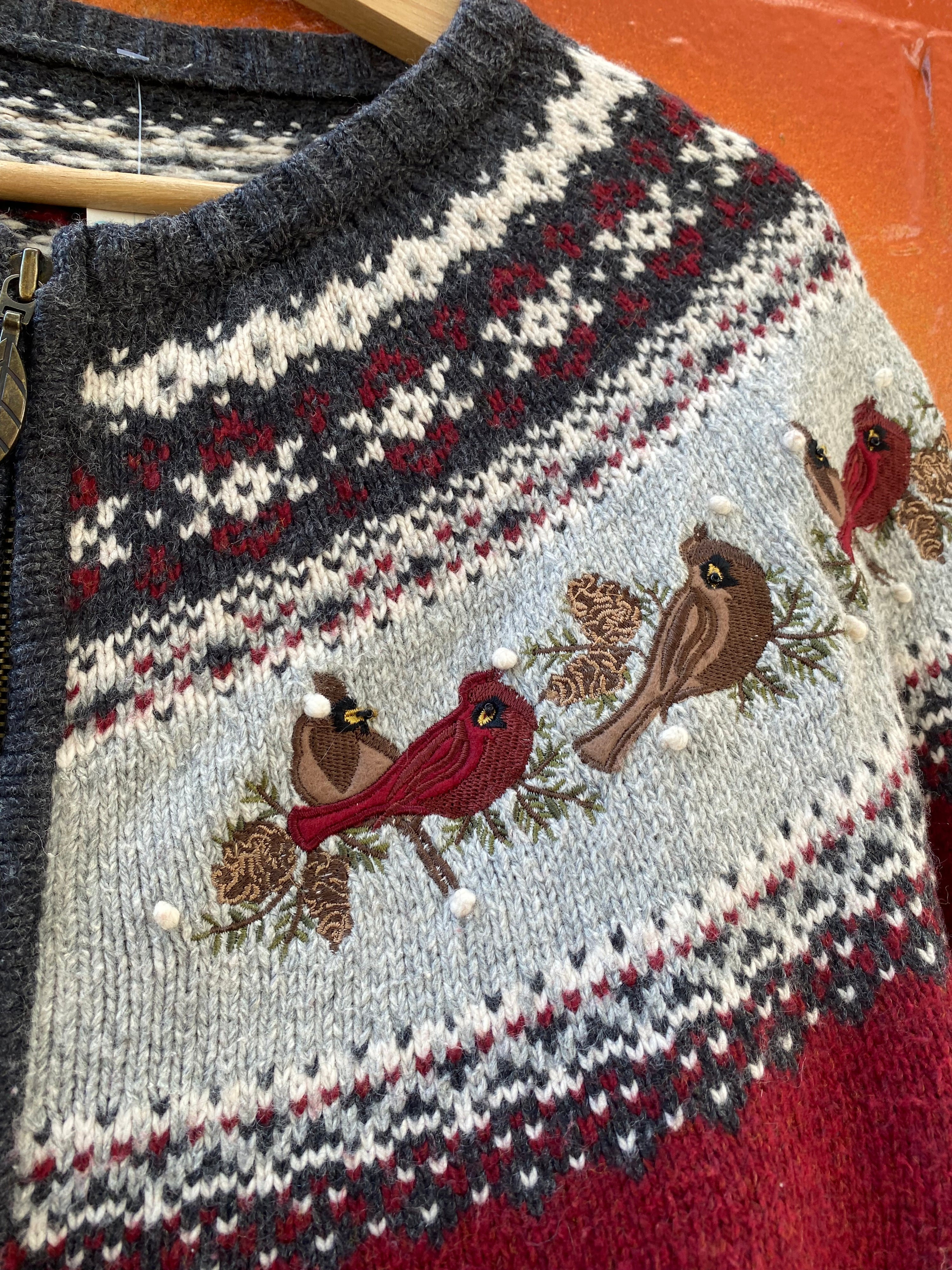 [L] Red/Grey Zip-up Knit with Birds