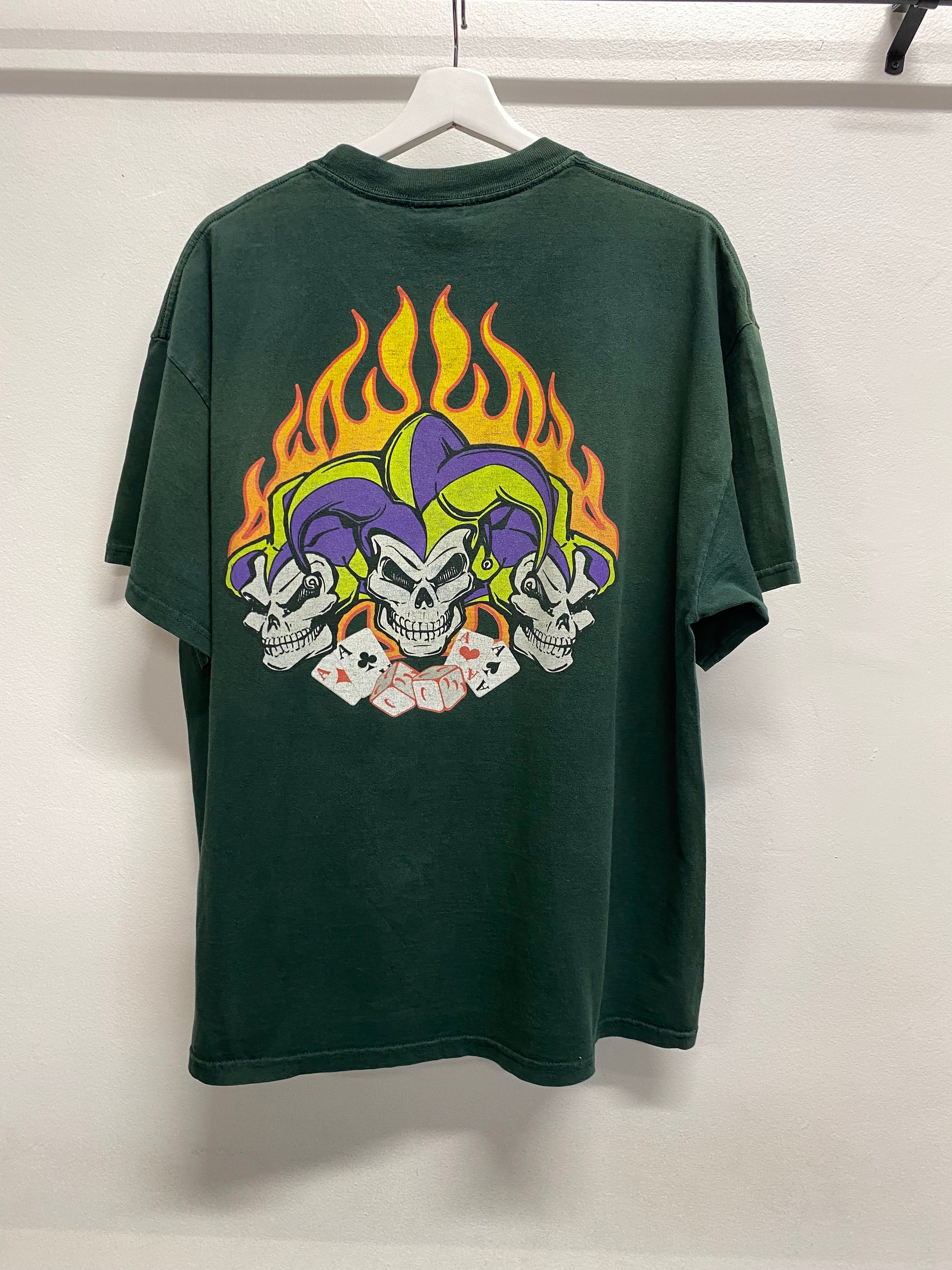 [XL] Vintage Flaming Jester Skulls Green Tshirt