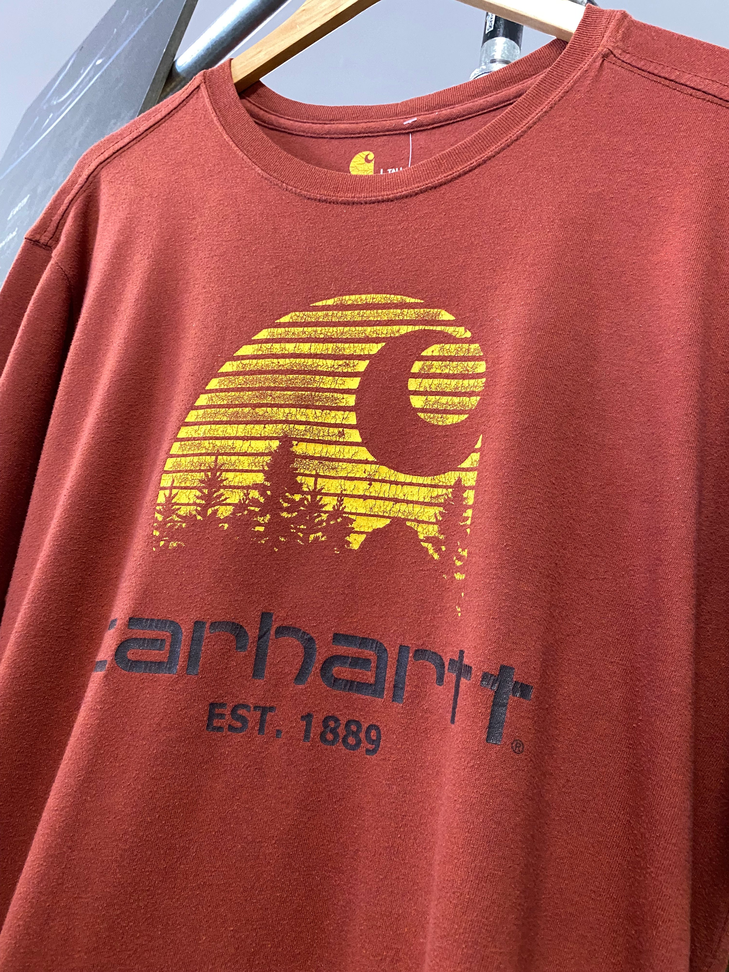 L - Carhartt Logo Behind Trees Maroon Tee