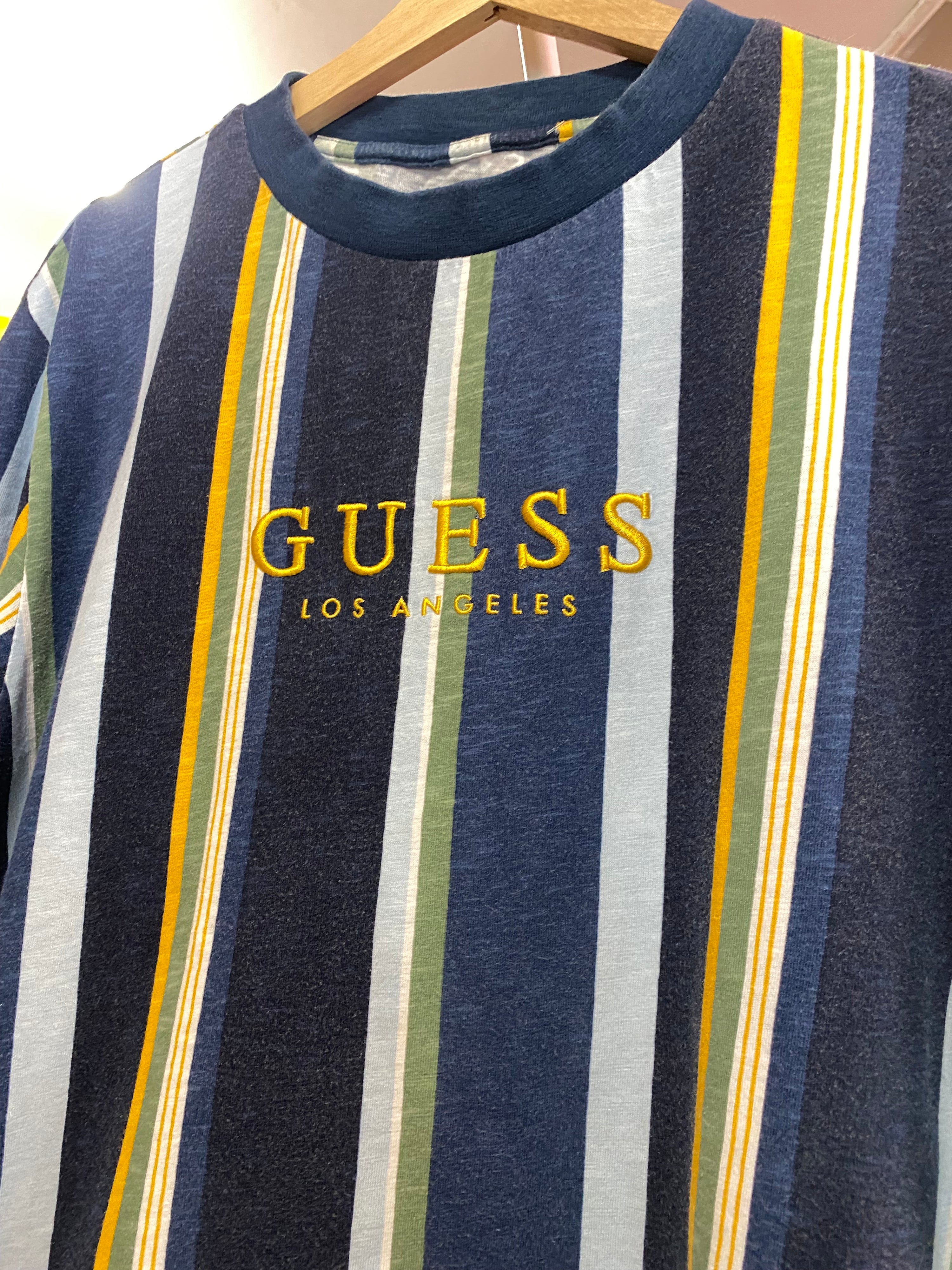 S - Guess Los Angeles Blue/Yellow/Green Stripe Tee