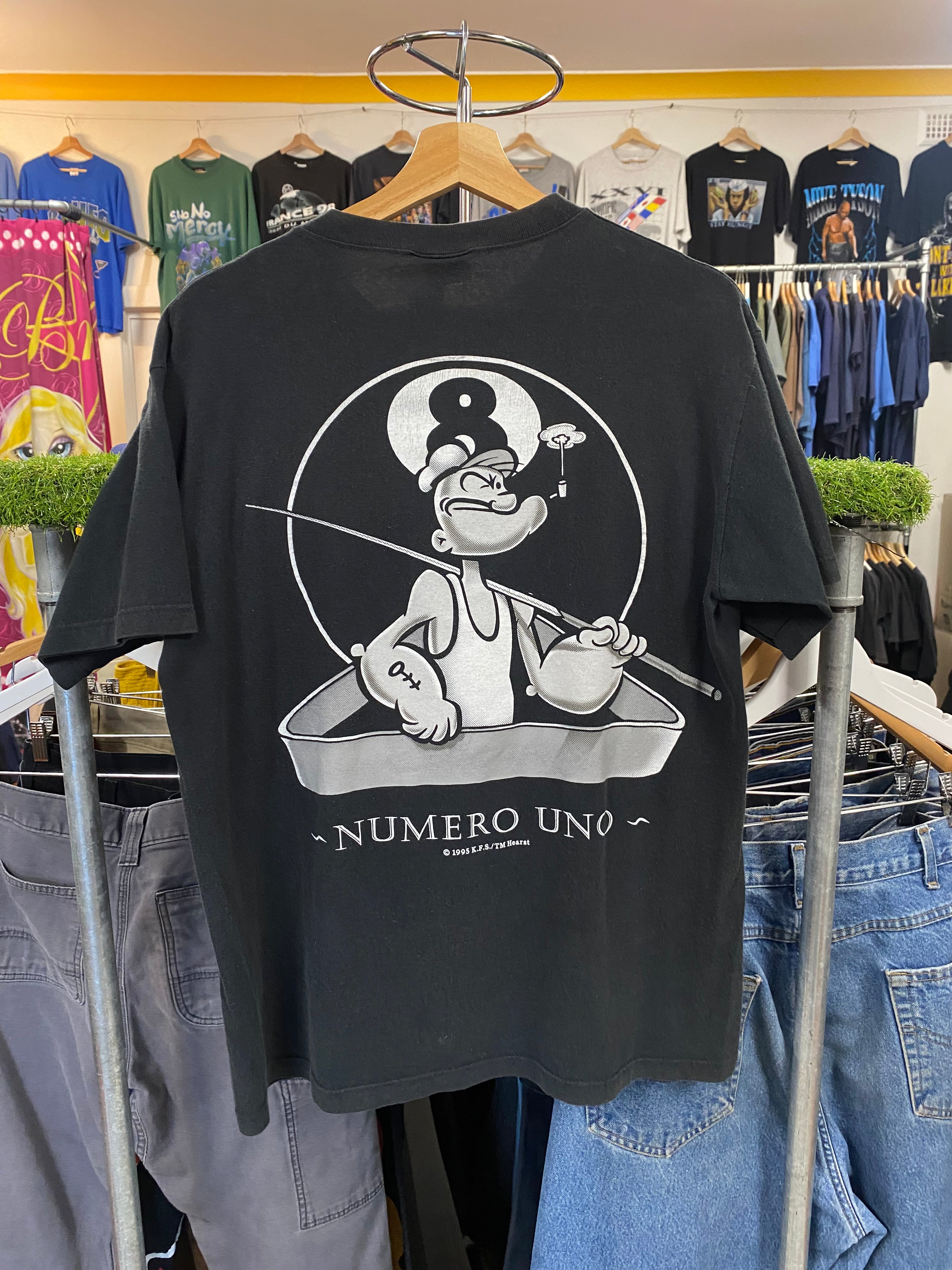 [M] 1995 Popeye 'Numero Uno' Double Sided Bonds Tshirt